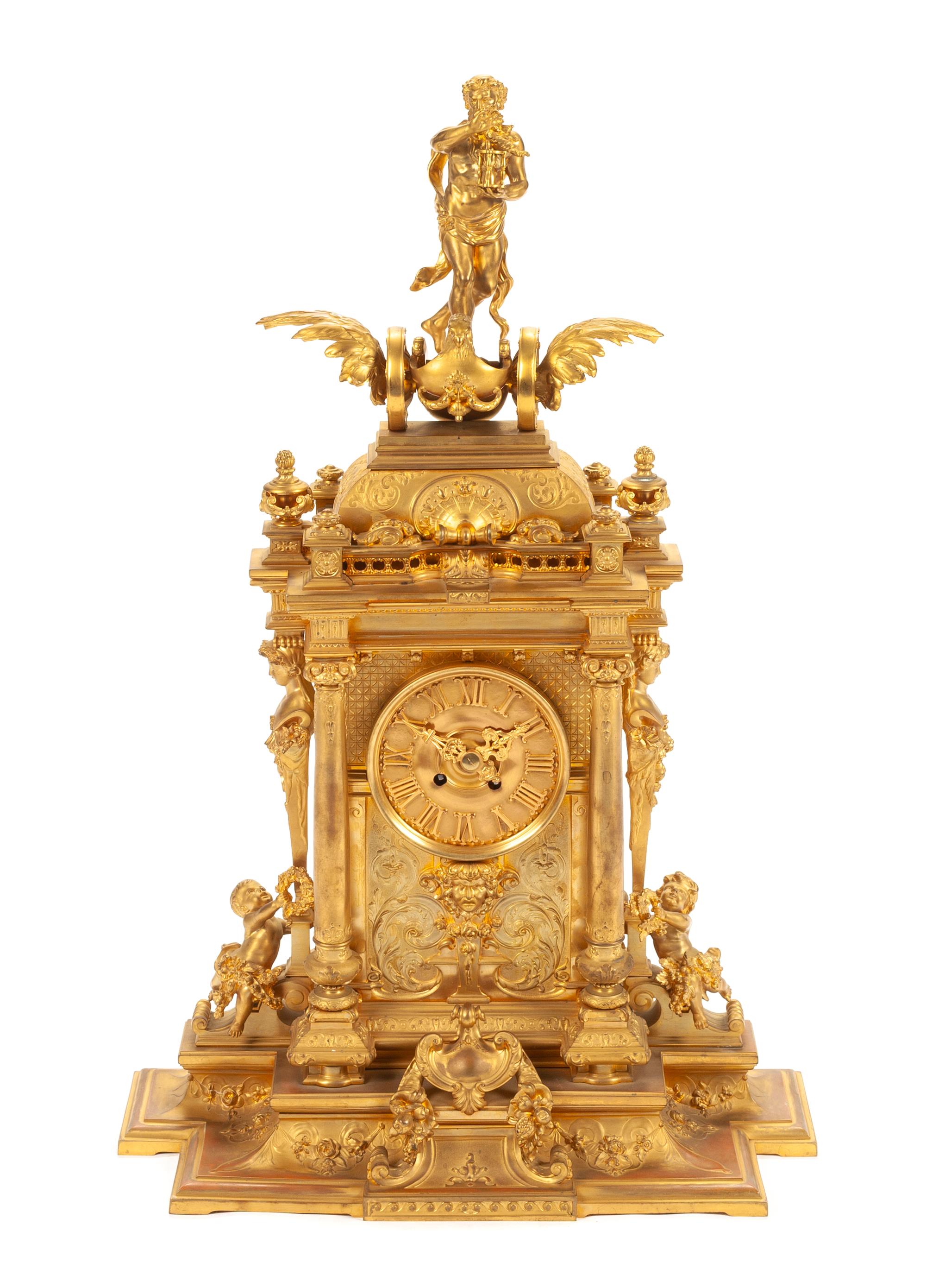 A Louis XV Style Gilt Bronze Mounted Clock Height 30 1/4 inches. — 19TH CENTURY