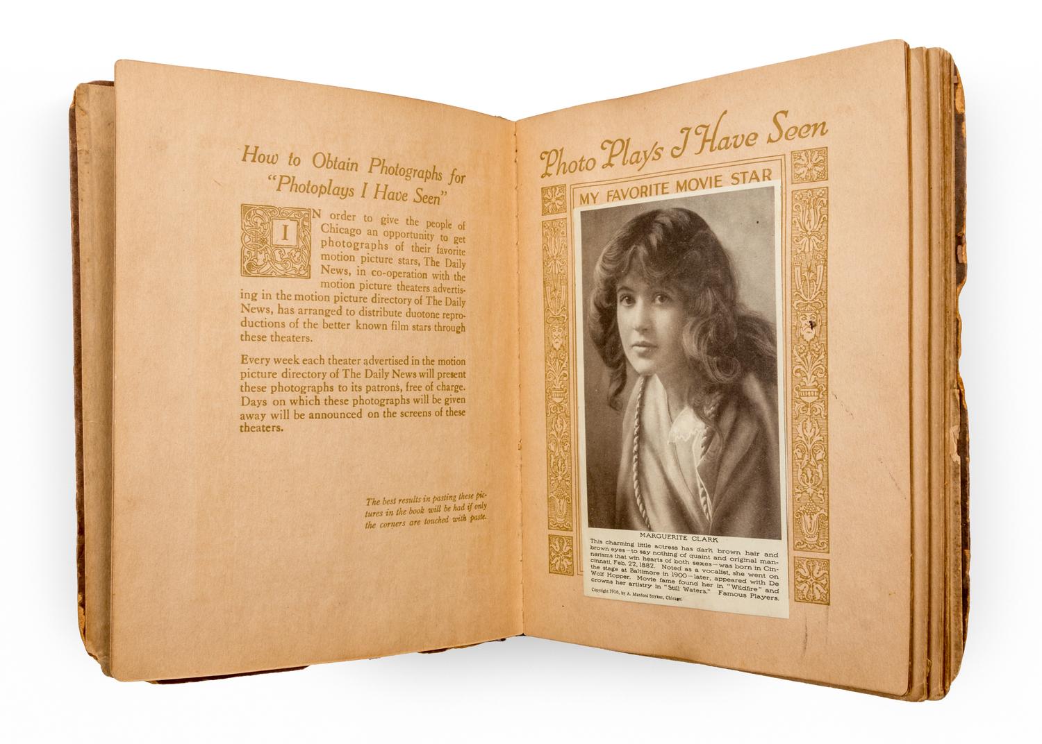 (EARLY CINEMA) Scrapbook containing photo reproductions of famous film stars of the early 20th century. Chicago, 1915