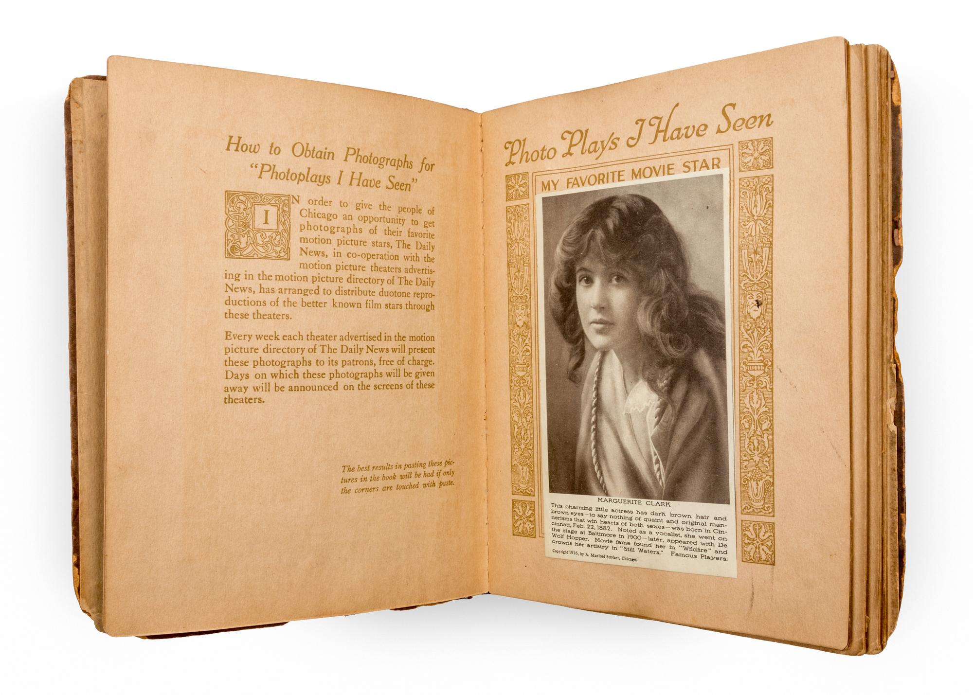 (EARLY CINEMA) Scrapbook containing photo reproductions of famous film stars of the early 20th century. Chicago, 1915