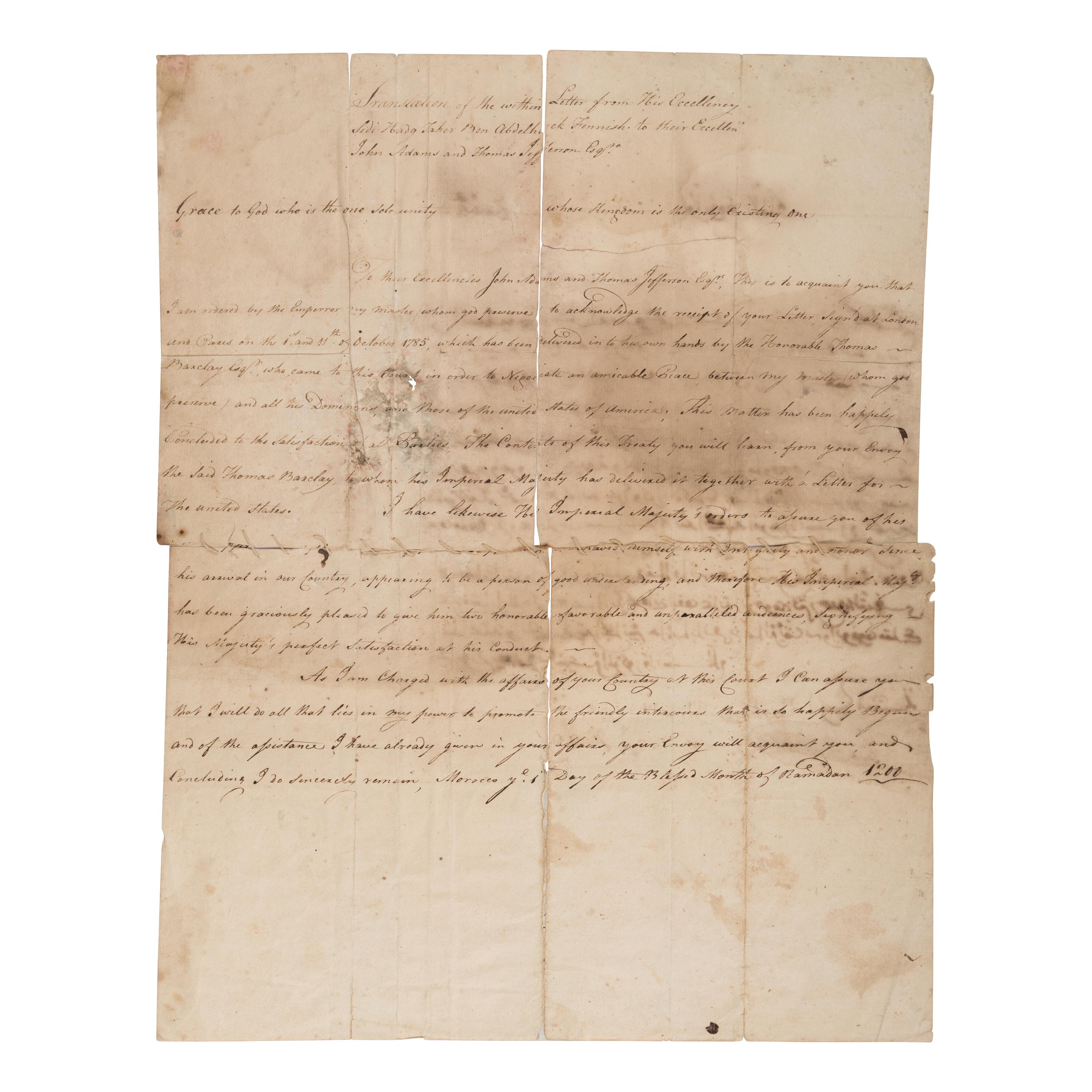 [Fennish, Tahar ben Abdelhak]. Contemporary manuscript copy of a letter to John Adams and Thomas Jefferson, Morocco, 28 June 1786.