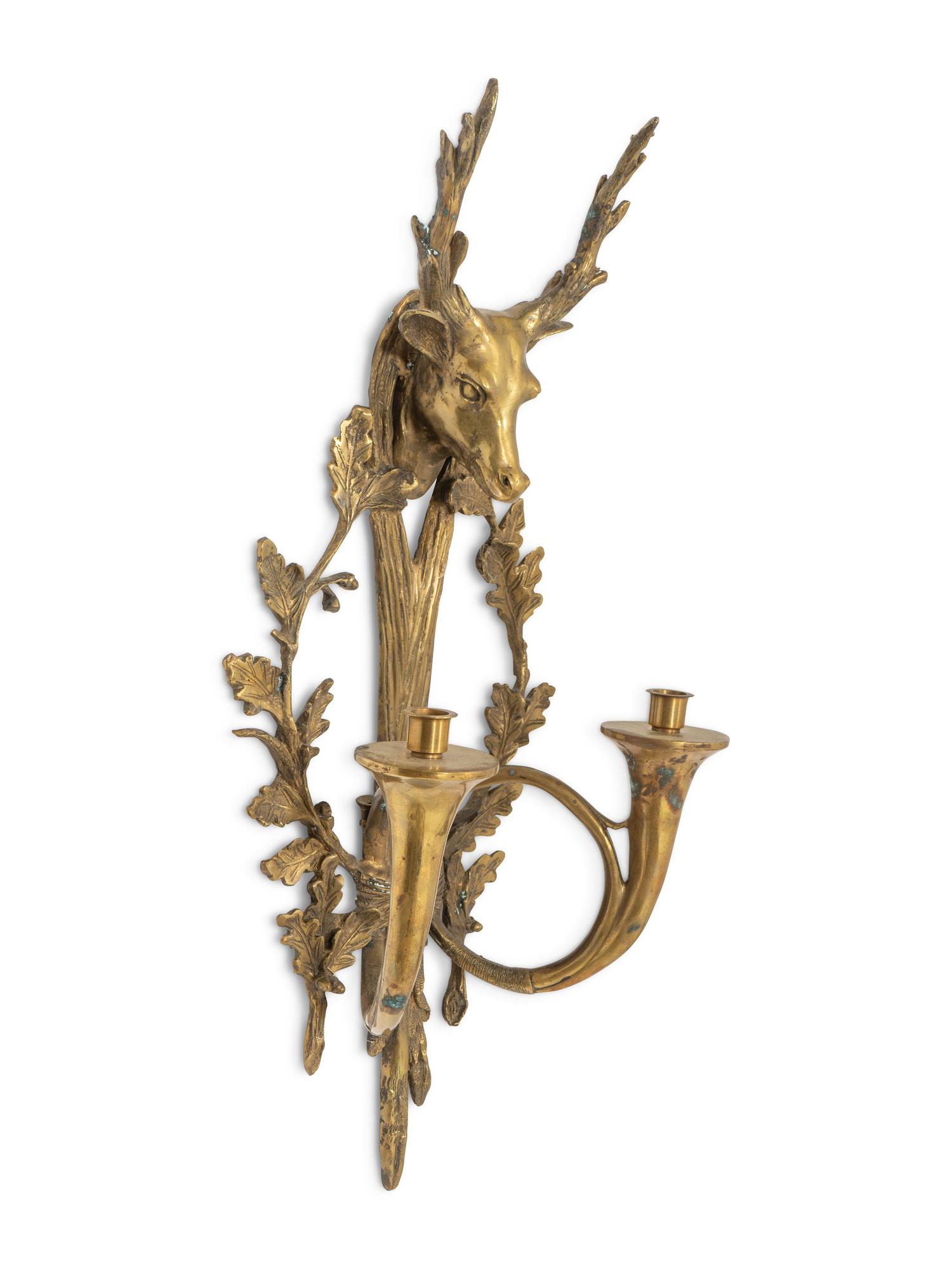 A Pair of English Brass Stag Head and Hunting Horn Sconces