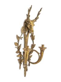 A Pair of English Brass Stag Head and Hunting Horn Sconces