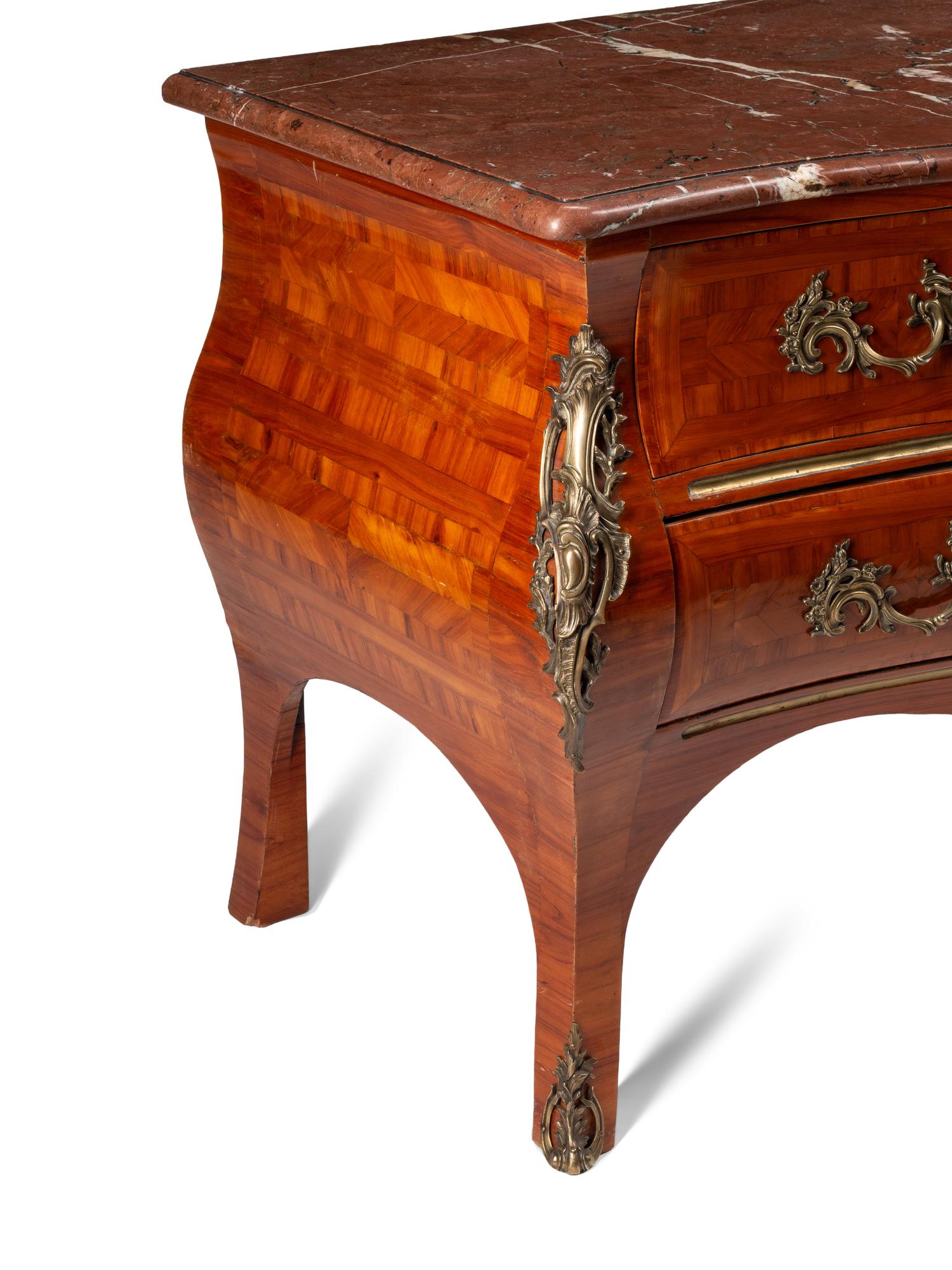 A Louis XV Style Gilt Bronze Mounted Parquetry Marble-Top Commode