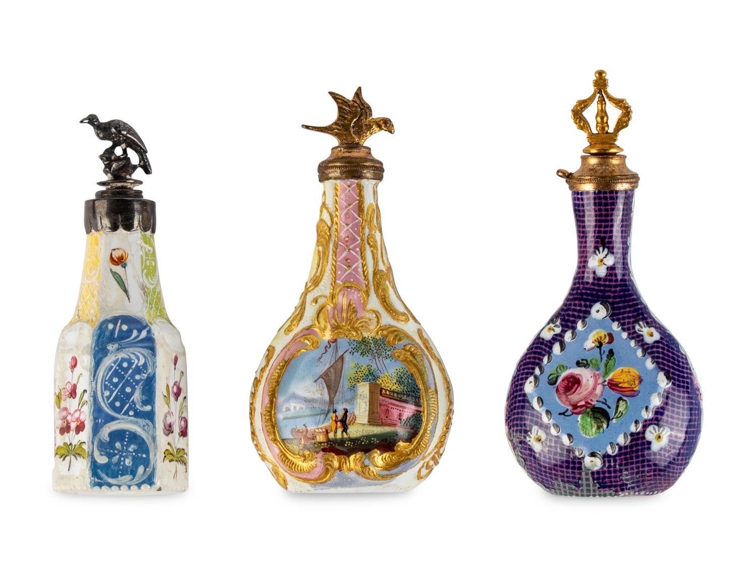 Three South Staffordshire Enamel Scent Bottles