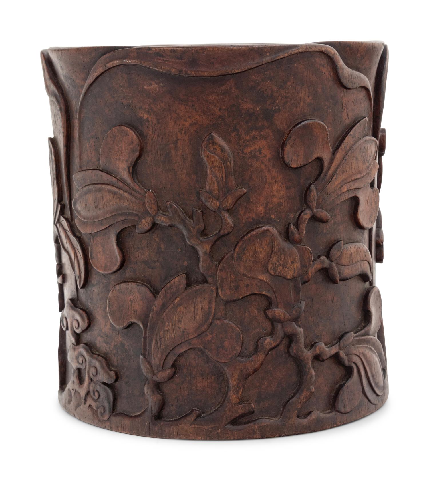 A Carved Hardwood 'Foliate' Brushpot, Bitong