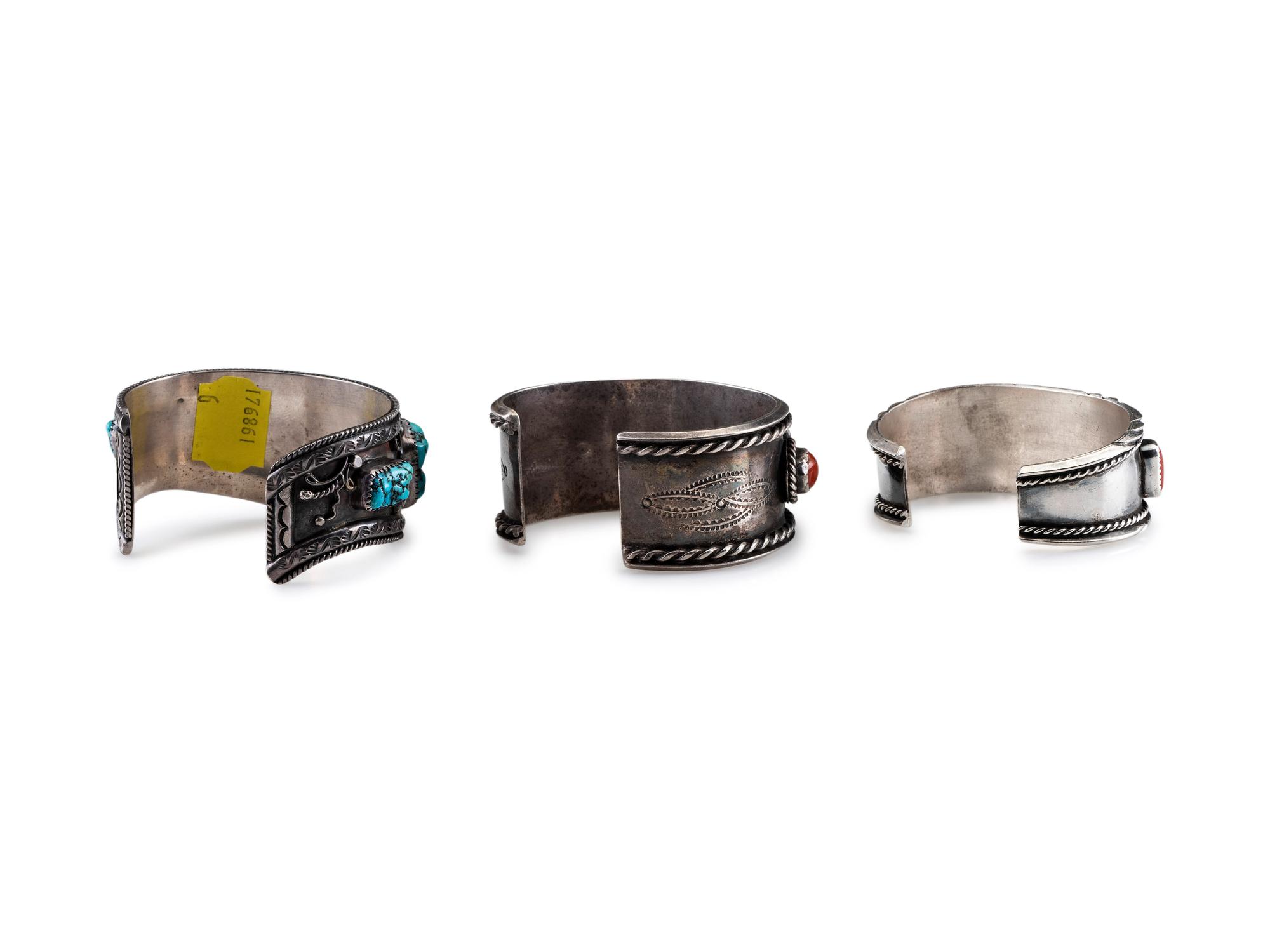 Navajo Silver, Coral, and Turquoise Cuff Bracelets