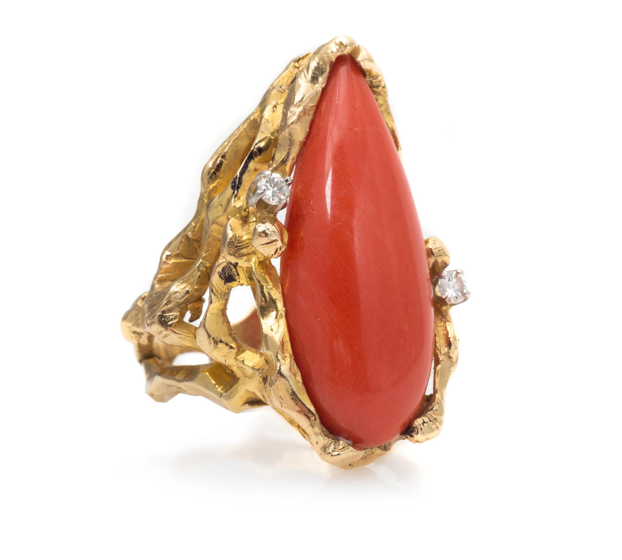 A 14 Karat Yellow Gold, Coral and Diamond Ring, 11.80 dwts.