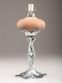 Oil Lamp with Water Lily Base in the Style of Victor Saglier