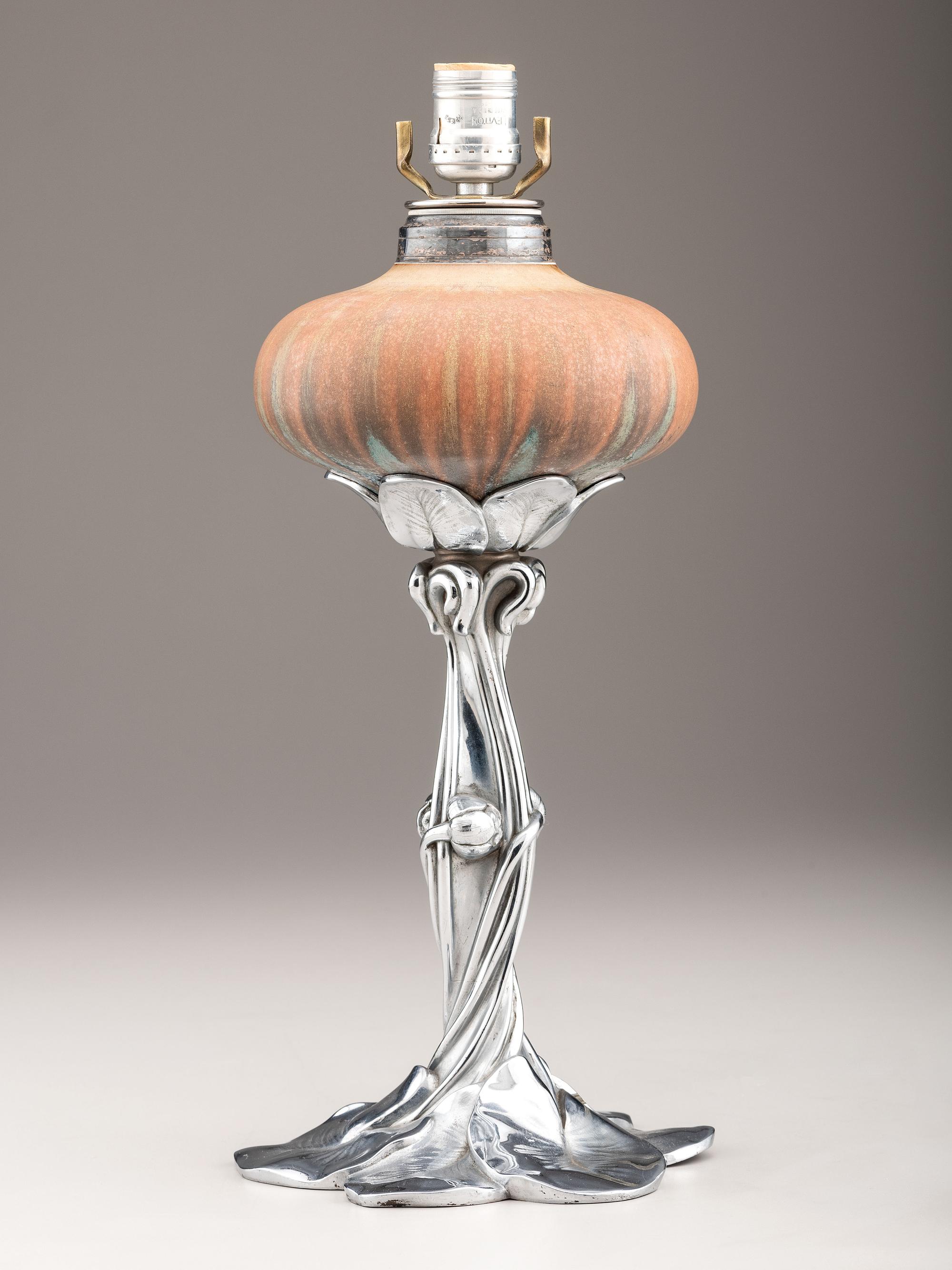 Oil Lamp with Water Lily Base in the Style of Victor Saglier