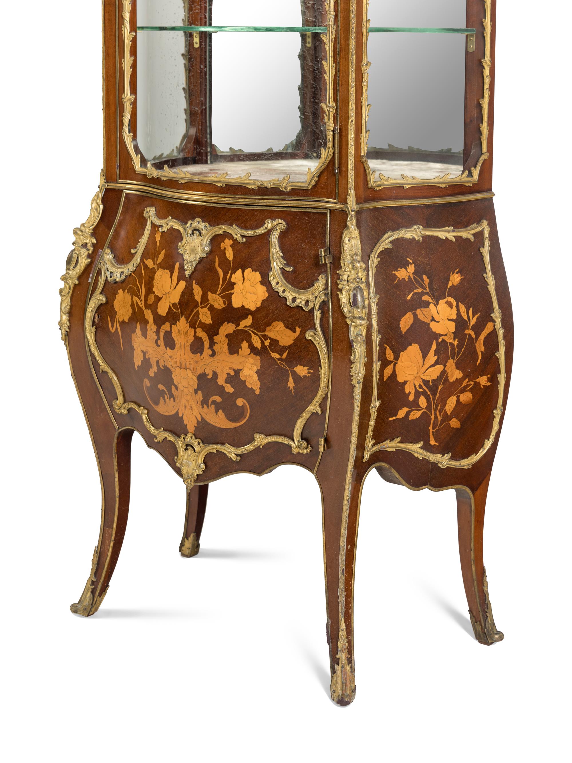 A Louis XV Style Gilt Bronze Mounted Mahogany and Marquetry Vitrine Cabinet