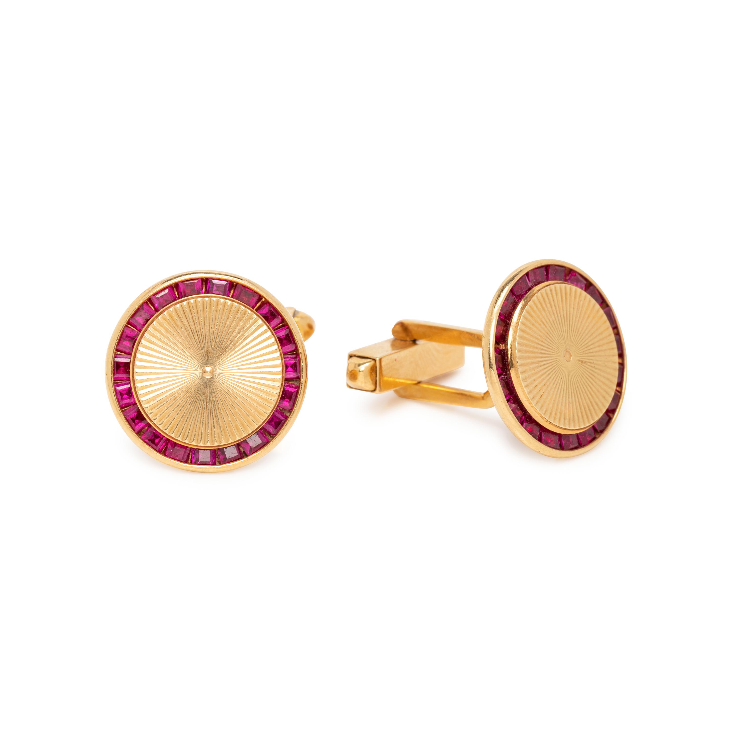 LUCIEN PICCARD, YELLOW GOLD AND RUBY CUFFLINKS