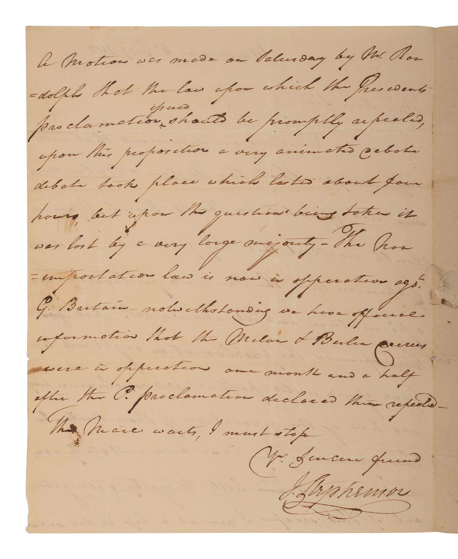 [POLITICS] [WAR OF 1812]. 2 ALSs , including letters from James STEPHENSON (1764-1833) & William VERNON.