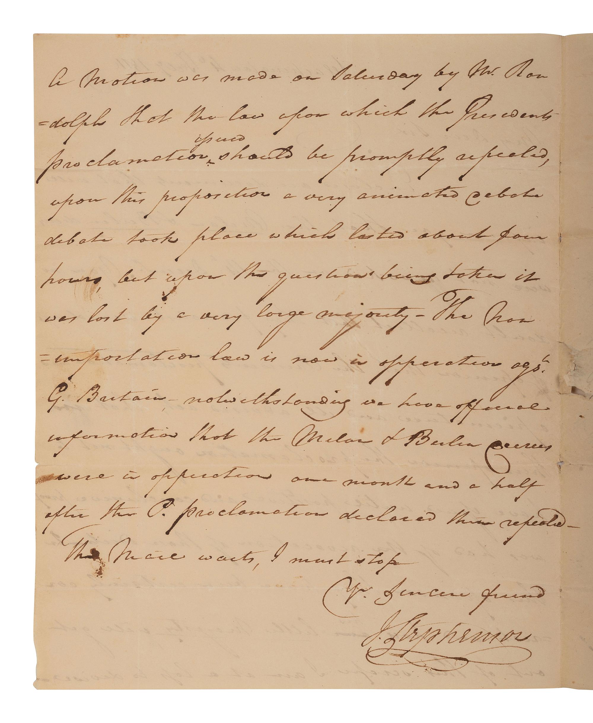 [POLITICS] [WAR OF 1812]. 2 ALSs , including letters from James STEPHENSON (1764-1833) & William VERNON.