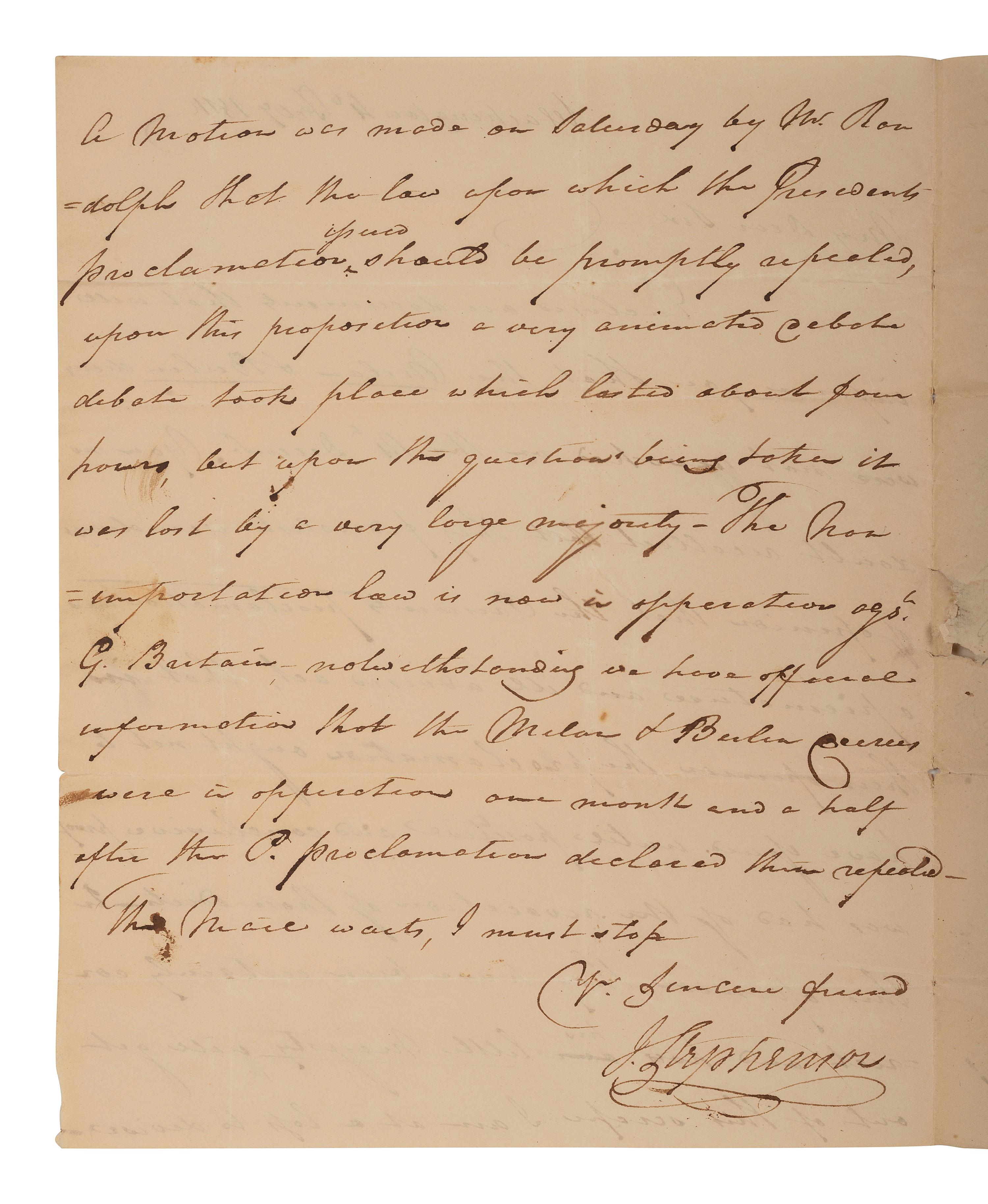 [POLITICS] [WAR OF 1812]. 2 ALSs , including letters from James STEPHENSON (1764-1833) & William VERNON.