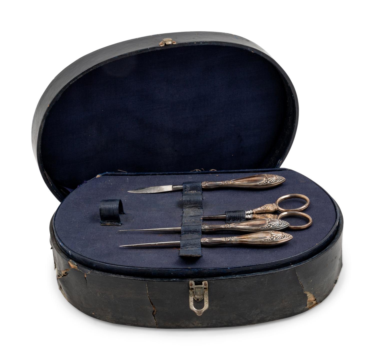 Five Needlework Boxes and a Spool Caddy with Pin Cushion
