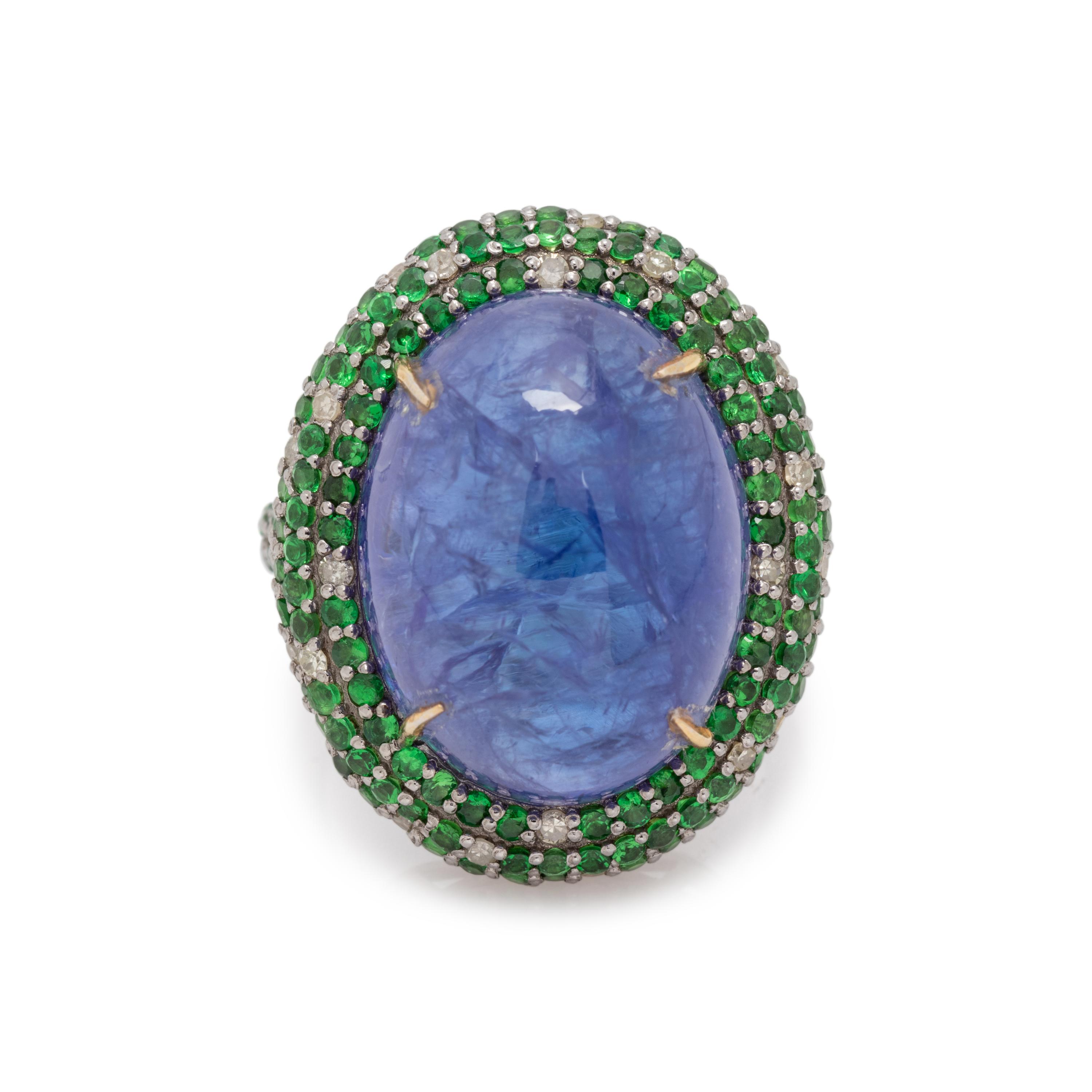 TANZANITE, TSAVORITE GARNET AND DIAMOND RING