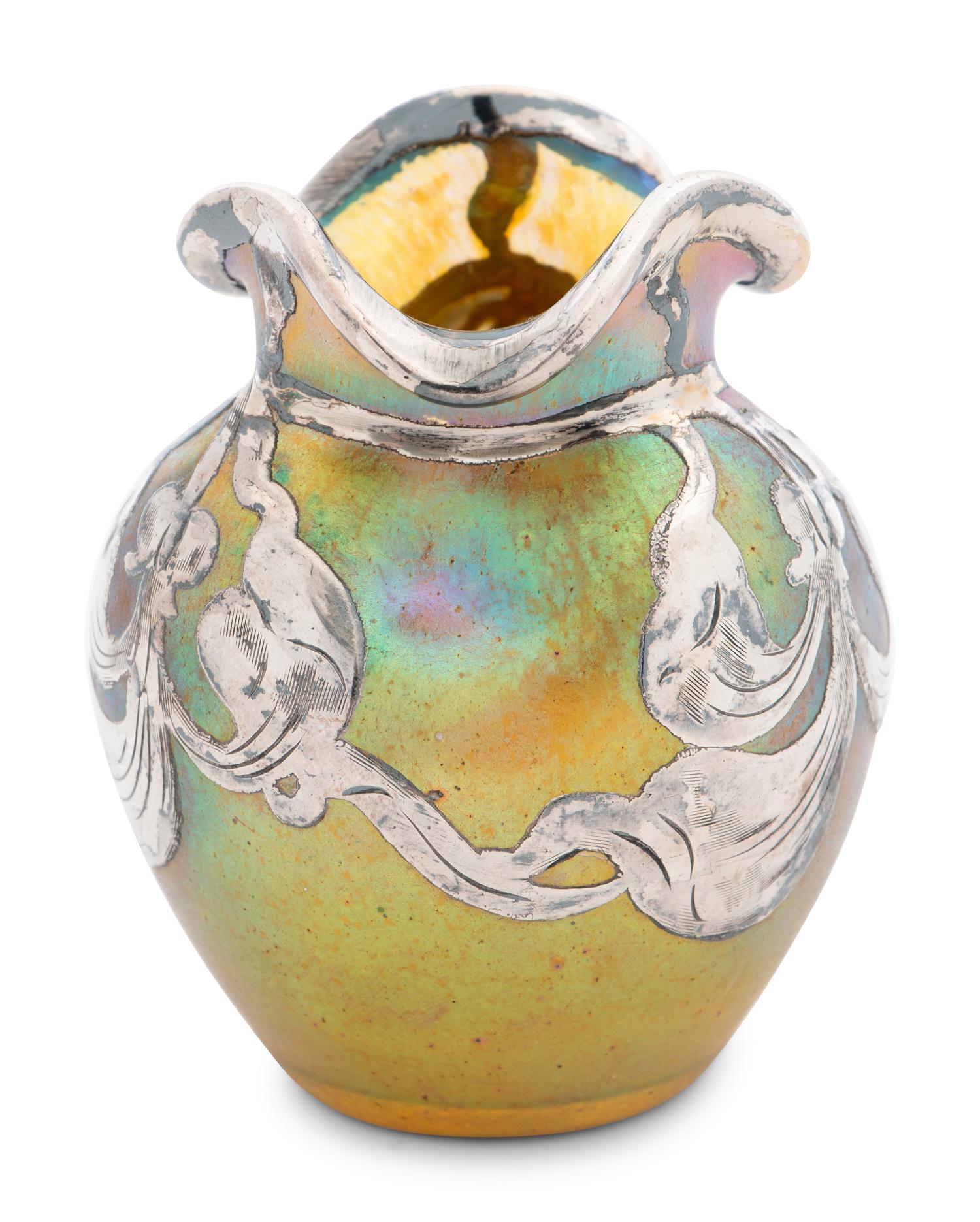 A Pair of Loetz Silver Overlay Vases