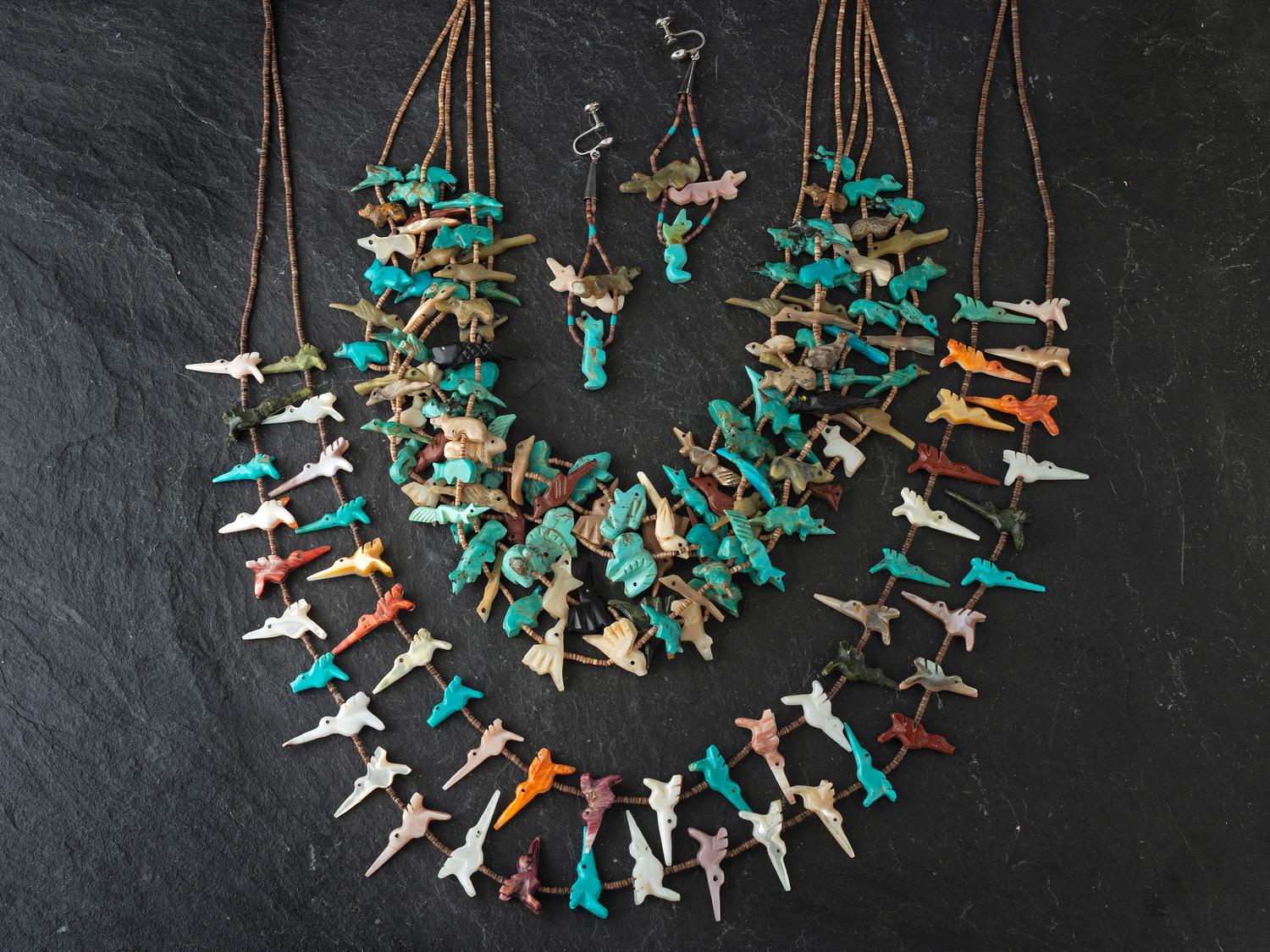 Pair of Multi-strand Zuni Fetish Necklaces and Earrings