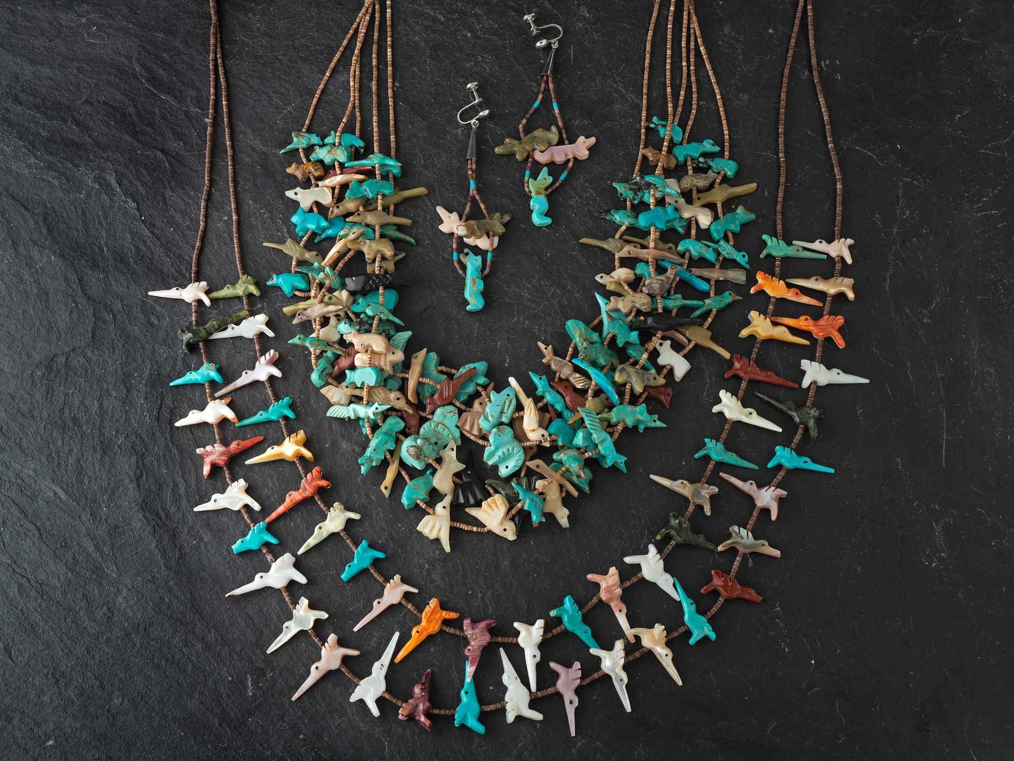 Pair of Multi-strand Zuni Fetish Necklaces and Earrings