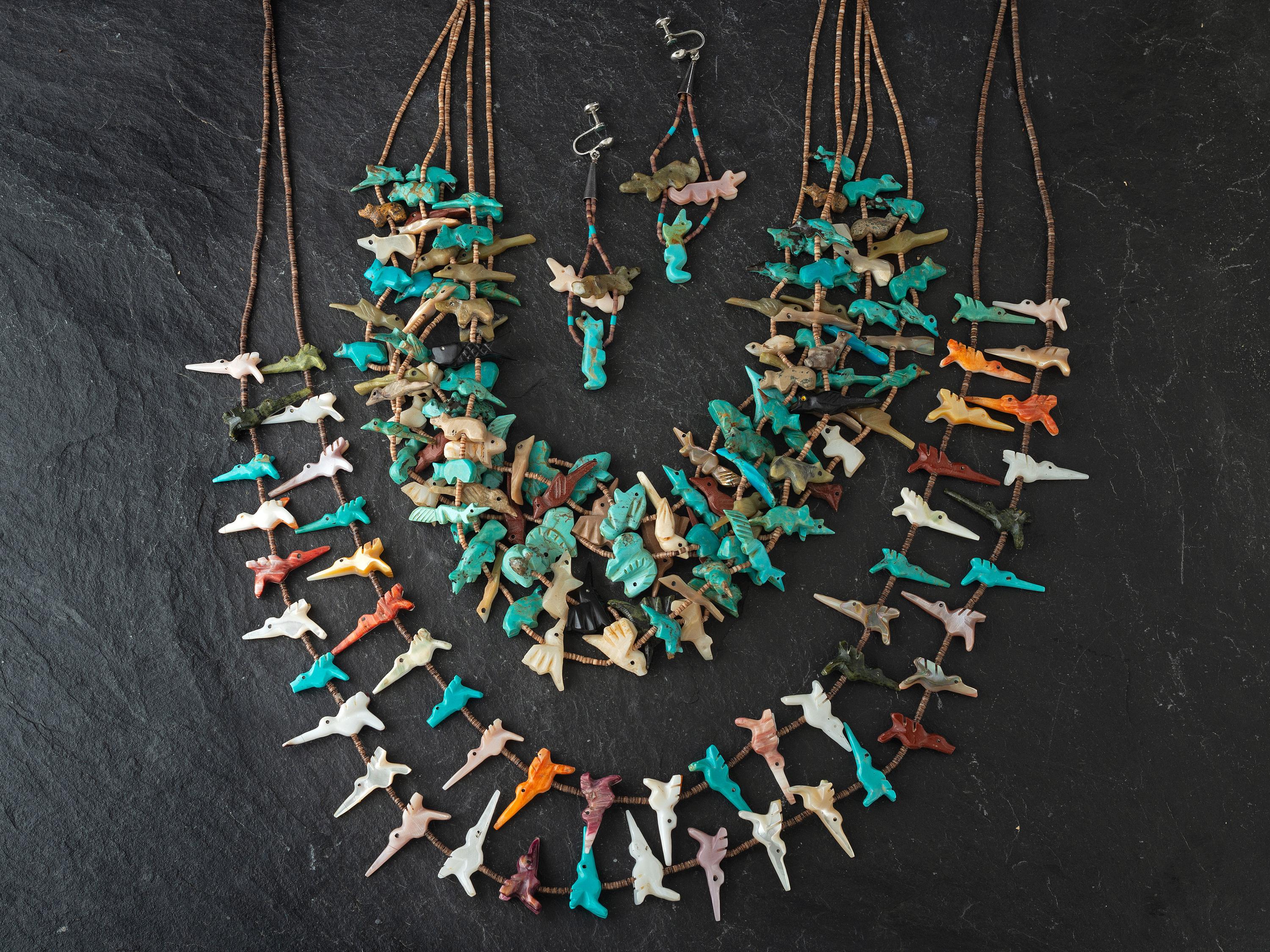 Pair of Multi-strand Zuni Fetish Necklaces and Earrings