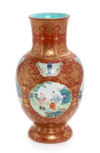 A Chinese Gilt Decorated Coral Red Ground Famille Rose Porcelain Vase