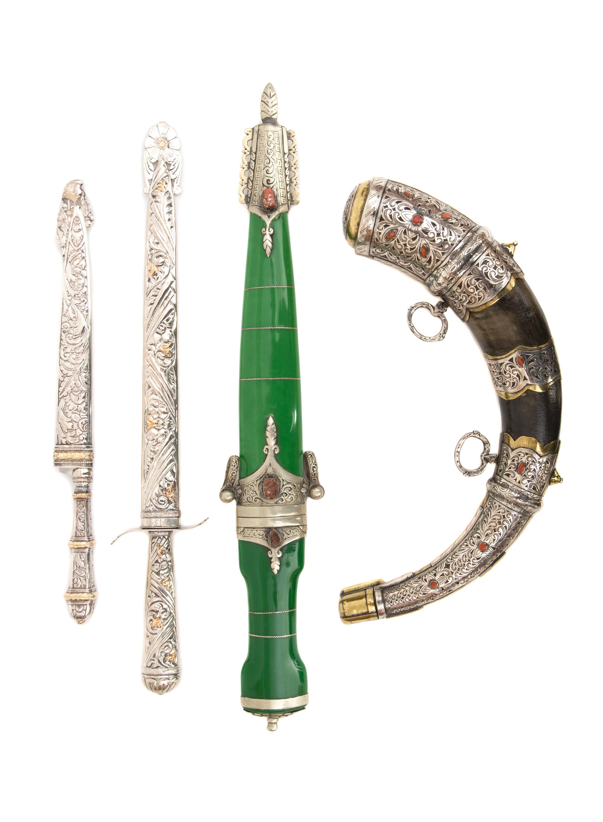 A Silvered Metal Hardstone Mounted Ornamental Horn — 20TH CENTURY