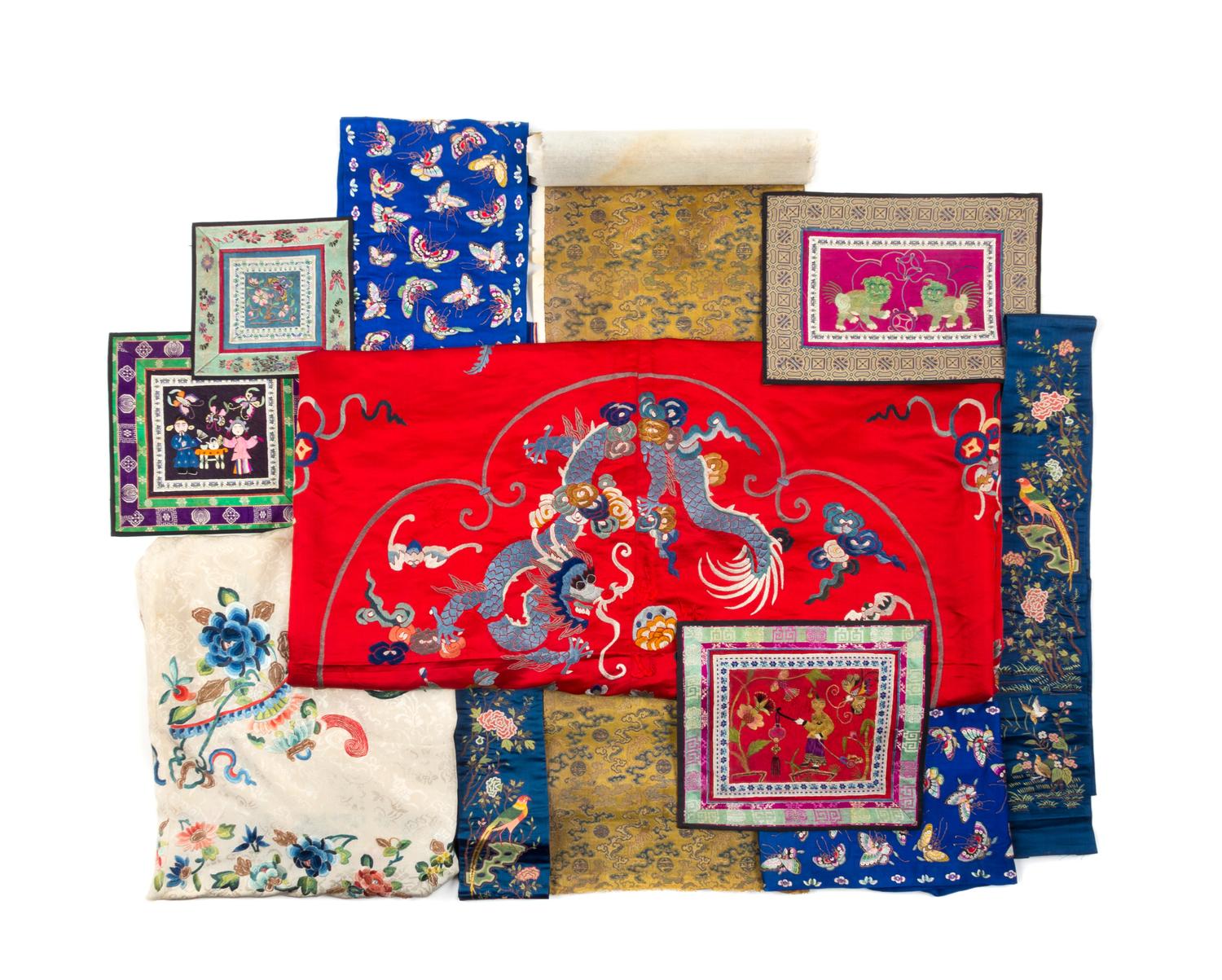 Twelve Chinese Embroidered Silk Panels Length of largest 61 1/8 inches. — 19TH-20TH CENTURY