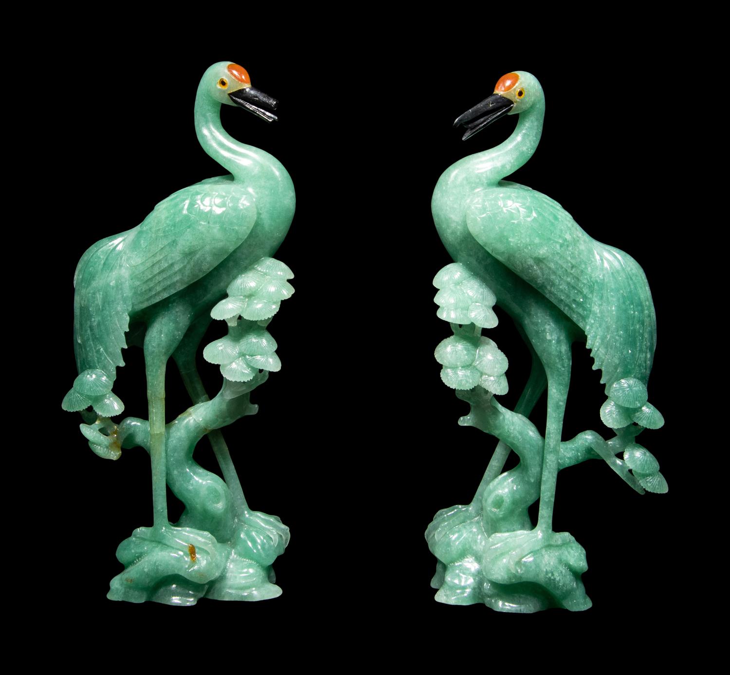 A Pair of Chinese Green Quartz Figures of Cranes