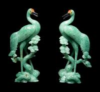 A Pair of Chinese Green Quartz Figures of Cranes