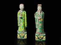 A pair of Chinese famille verte-decorated porcelain Daoist immortals
