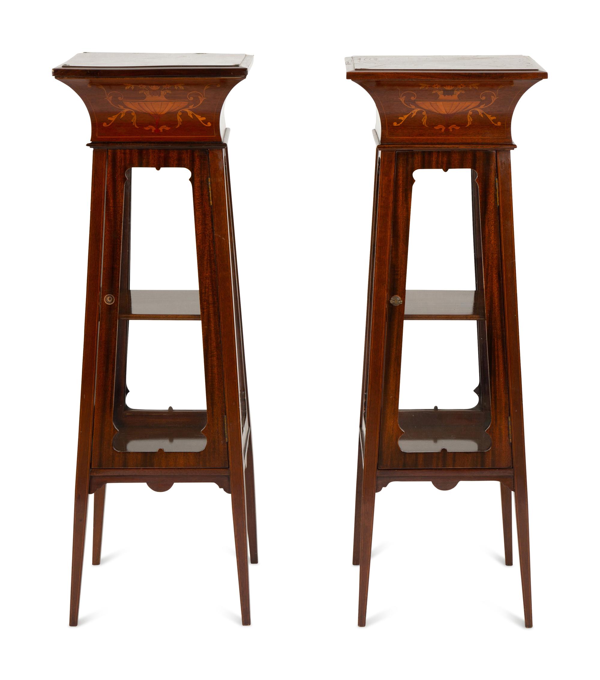 A Pair of Victorian Satinwood Inlaid Mahogany Vitrine Pedestals
