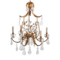 A Pair of Gilt Bronze, Tôle and Rock Crystal Six-Light Chandeliers
