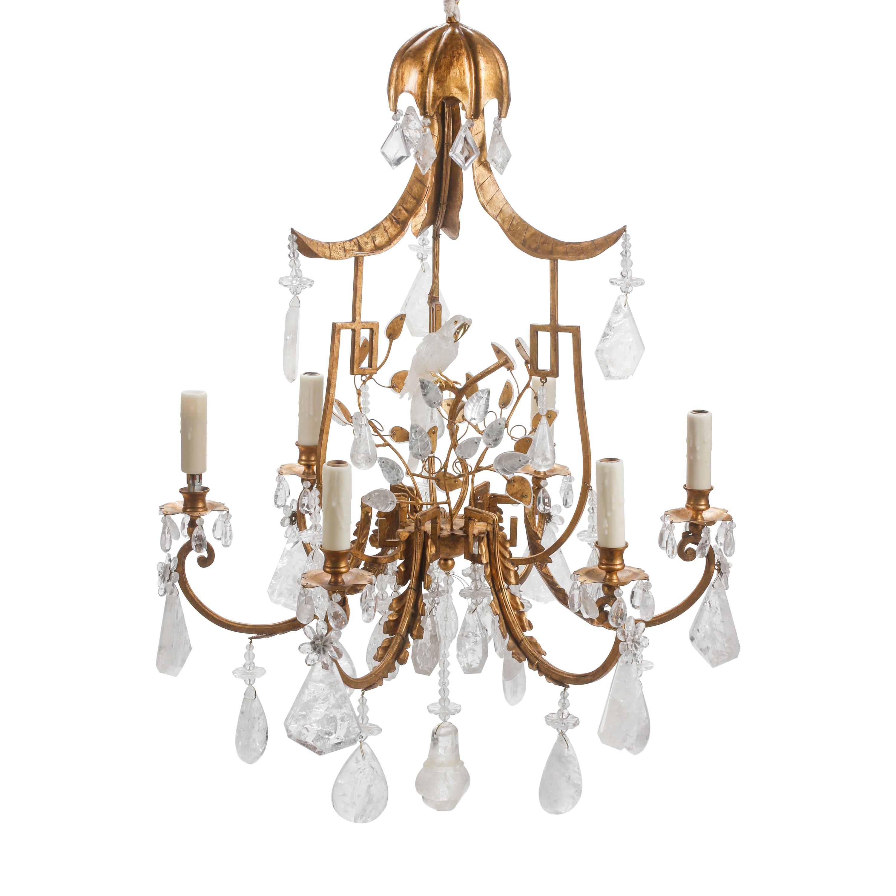 A Pair of Gilt Bronze, Tôle and Rock Crystal Six-Light Chandeliers