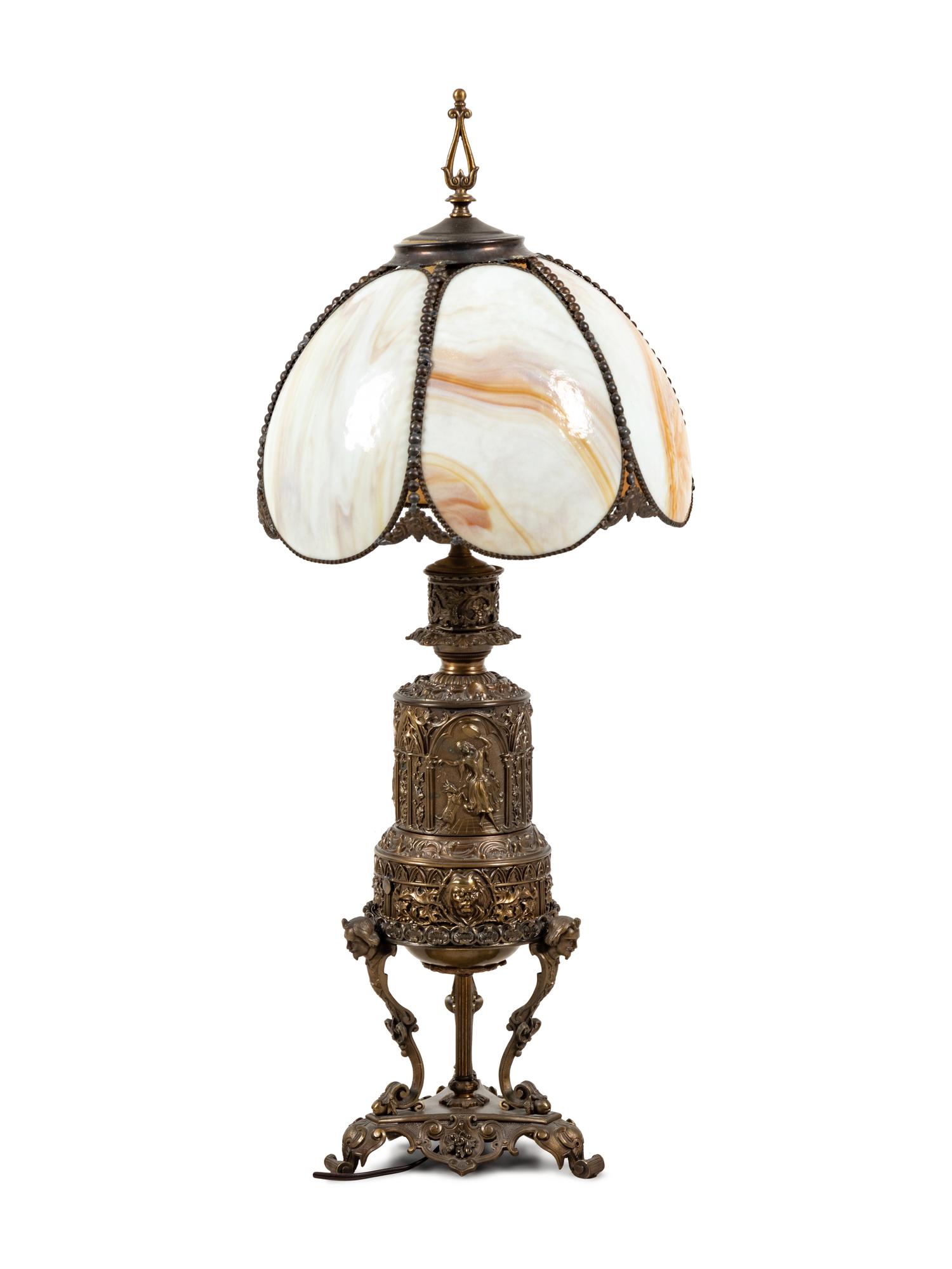 An American Renaissance Revival Slag Glass and Cast Metal Lamp