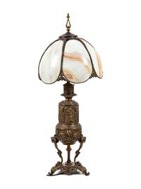 An American Renaissance Revival Slag Glass and Cast Metal Lamp
