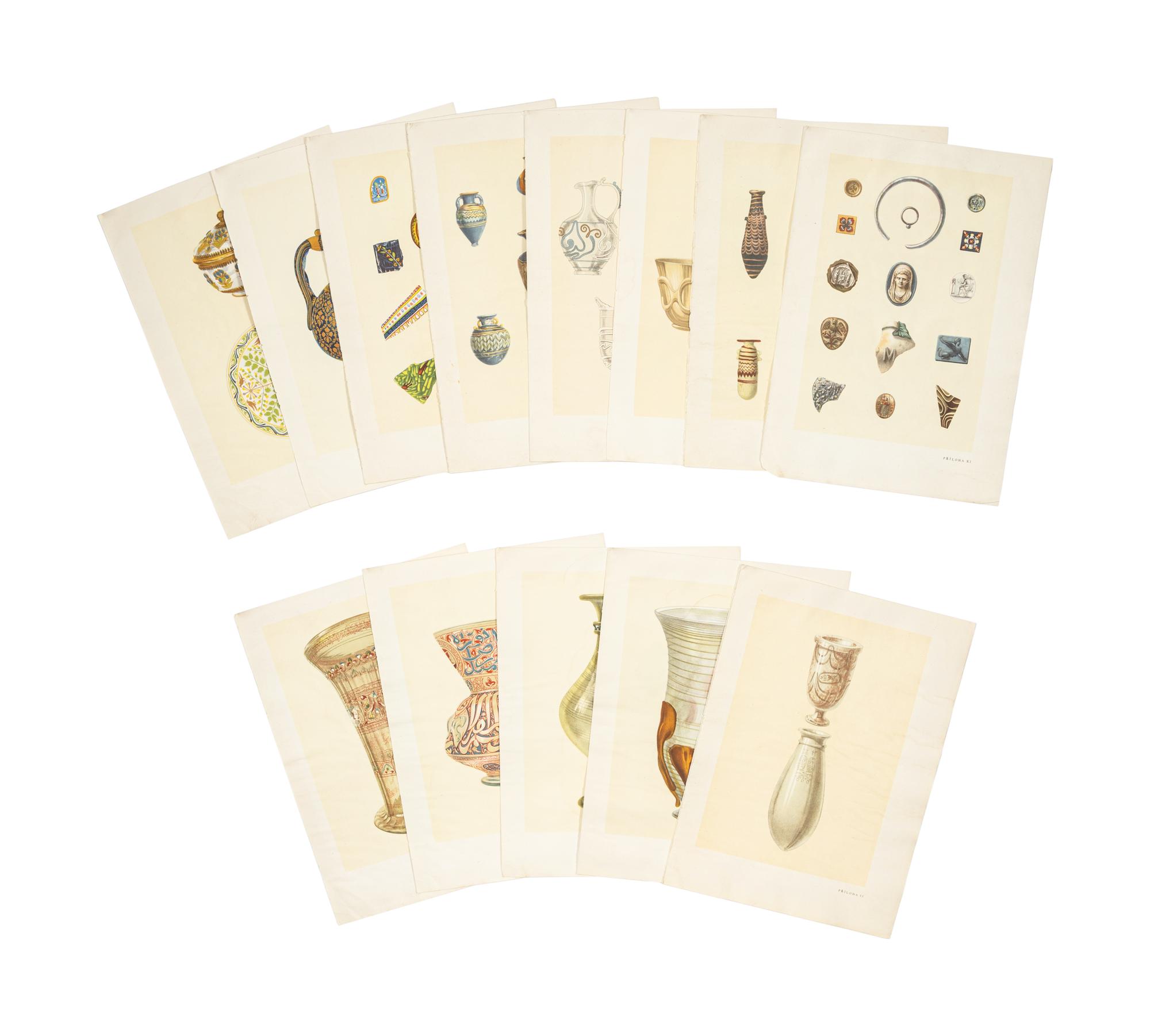 Thirteen Hand Colored Prints Pertaining to Ancient Glass