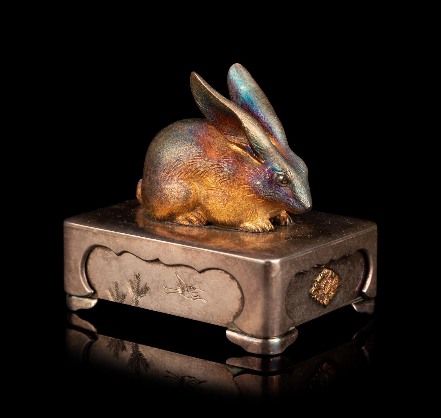 A Fine Japanese Silver Rabbit-Form Bonbonnière