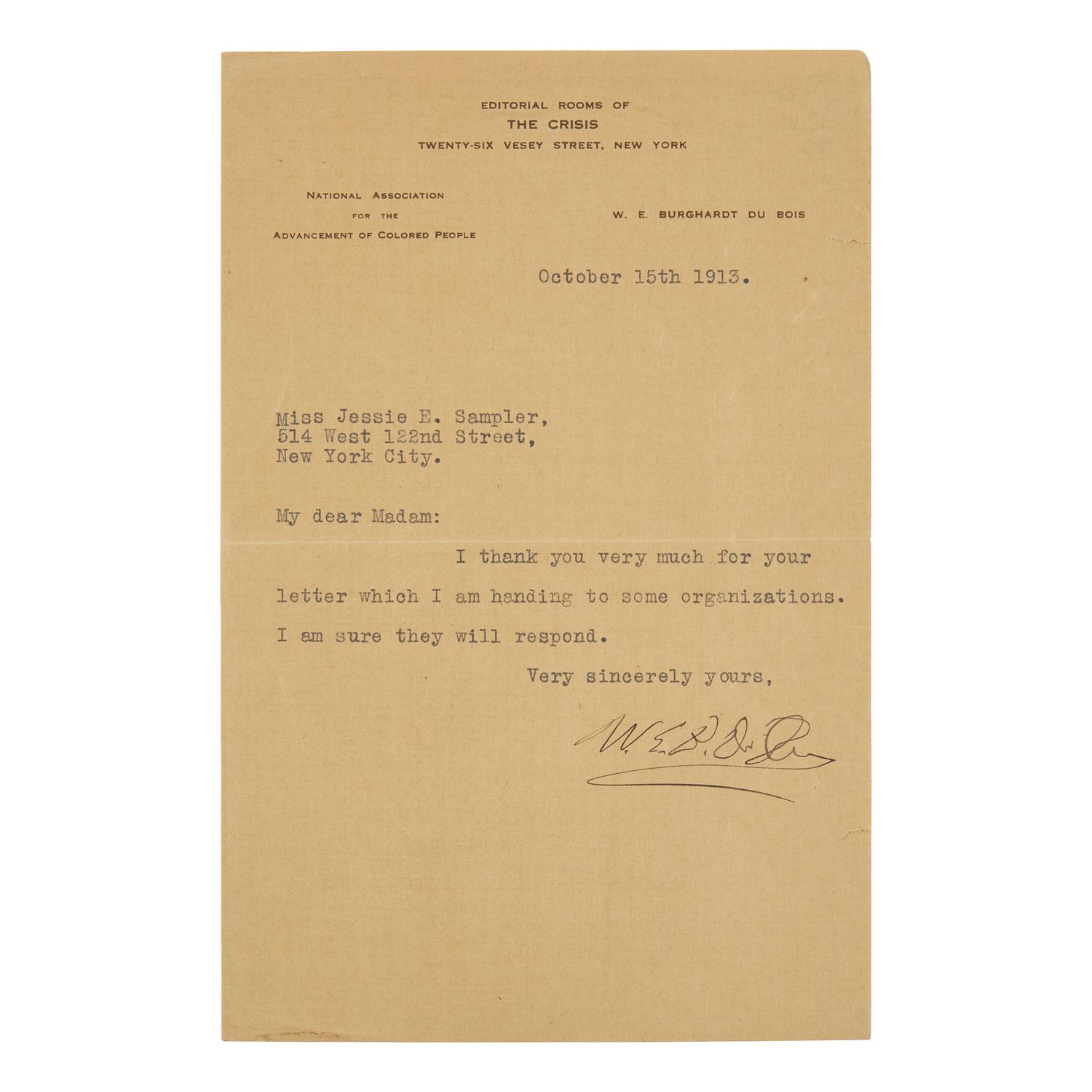 [African-Americana] Du Bois, W.E.B. A Voice of Civil Rights: Typed Letter, Signed by the Co-Founder of the NAACP
