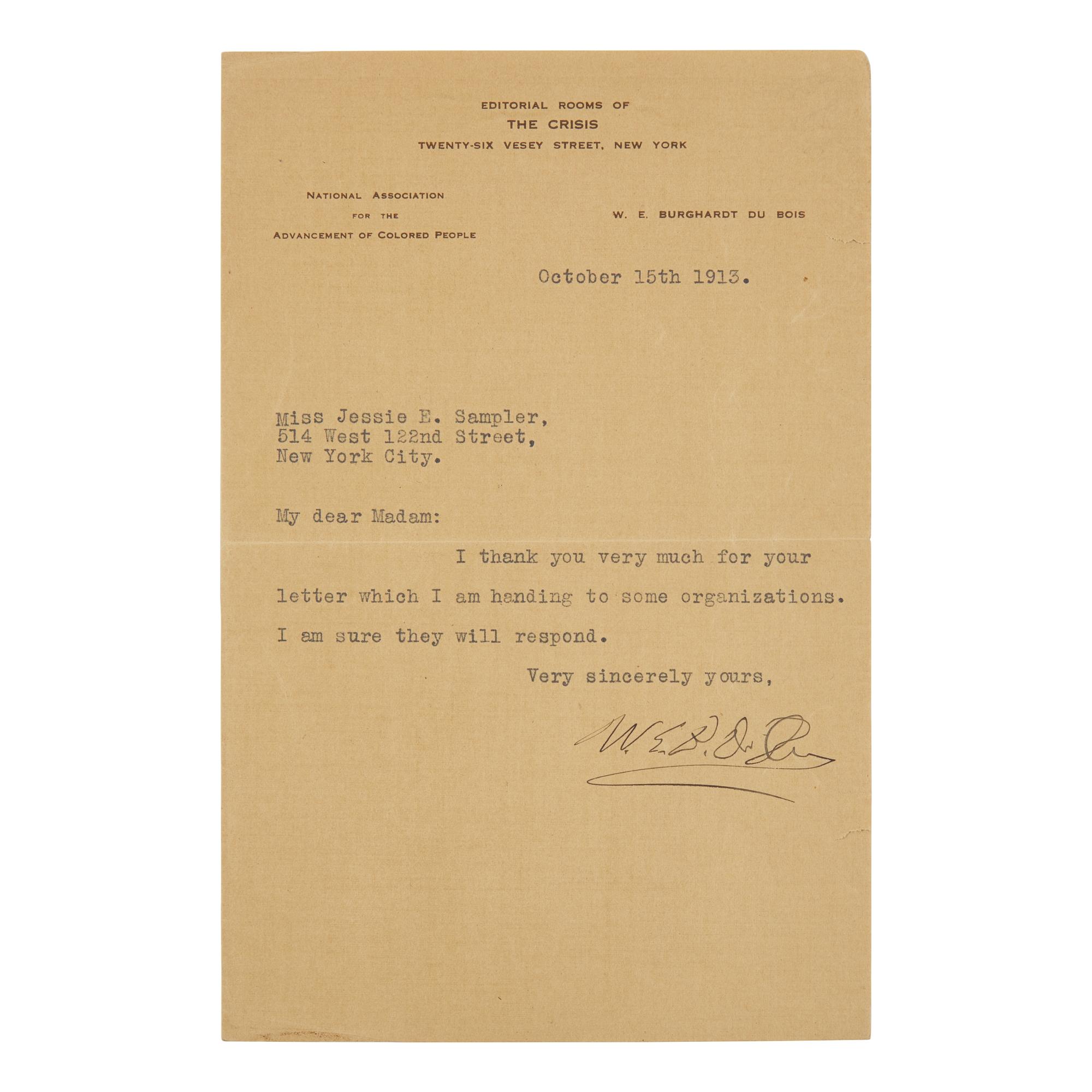 [African-Americana] Du Bois, W.E.B. A Voice of Civil Rights: Typed Letter, Signed by the Co-Founder of the NAACP