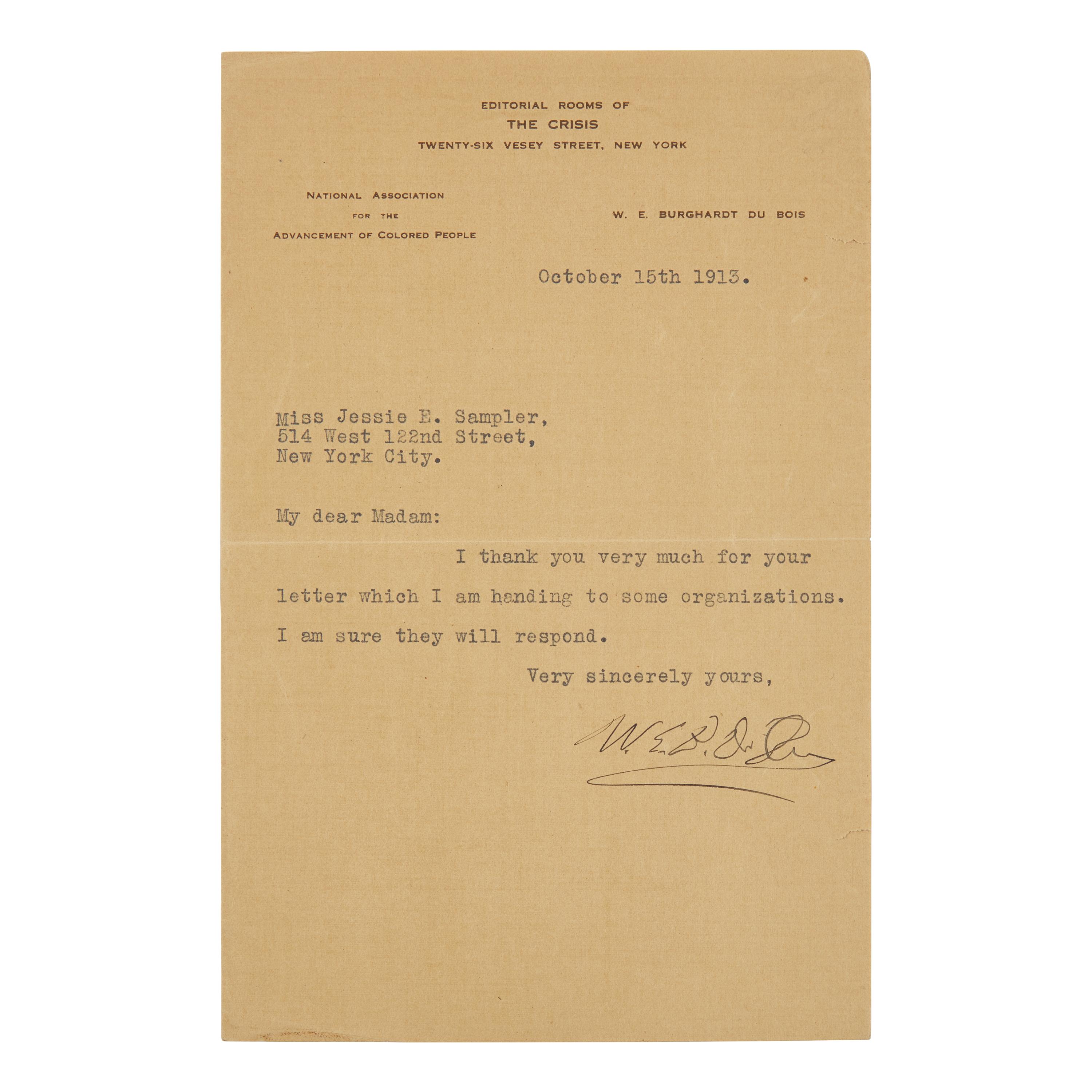 [African-Americana] Du Bois, W.E.B. A Voice of Civil Rights: Typed Letter, Signed by the Co-Founder of the NAACP