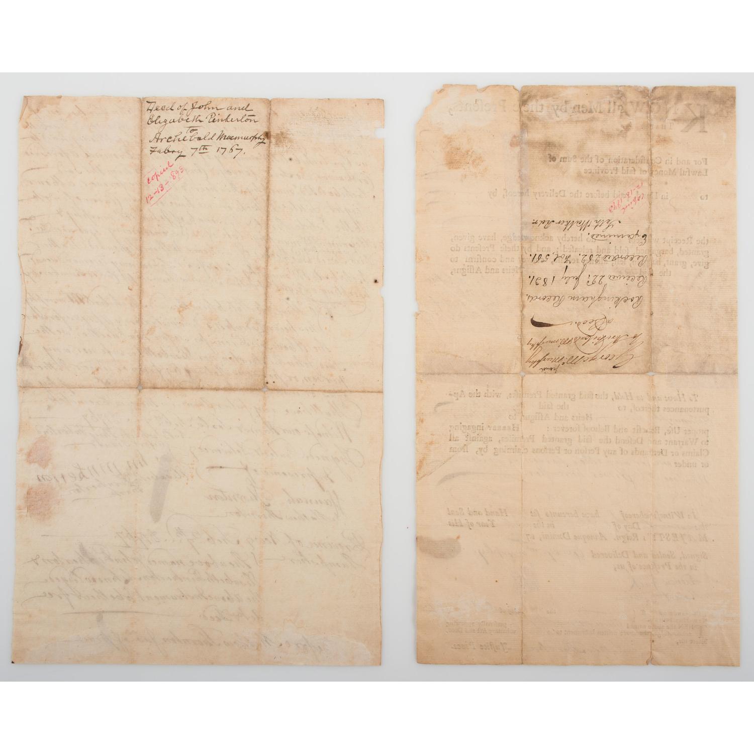 Matthew Thornton, Signer of the Declaration of Independence, Lot of Two Signed Documents Including 1767 ADS and 1769 Partially Printed DS