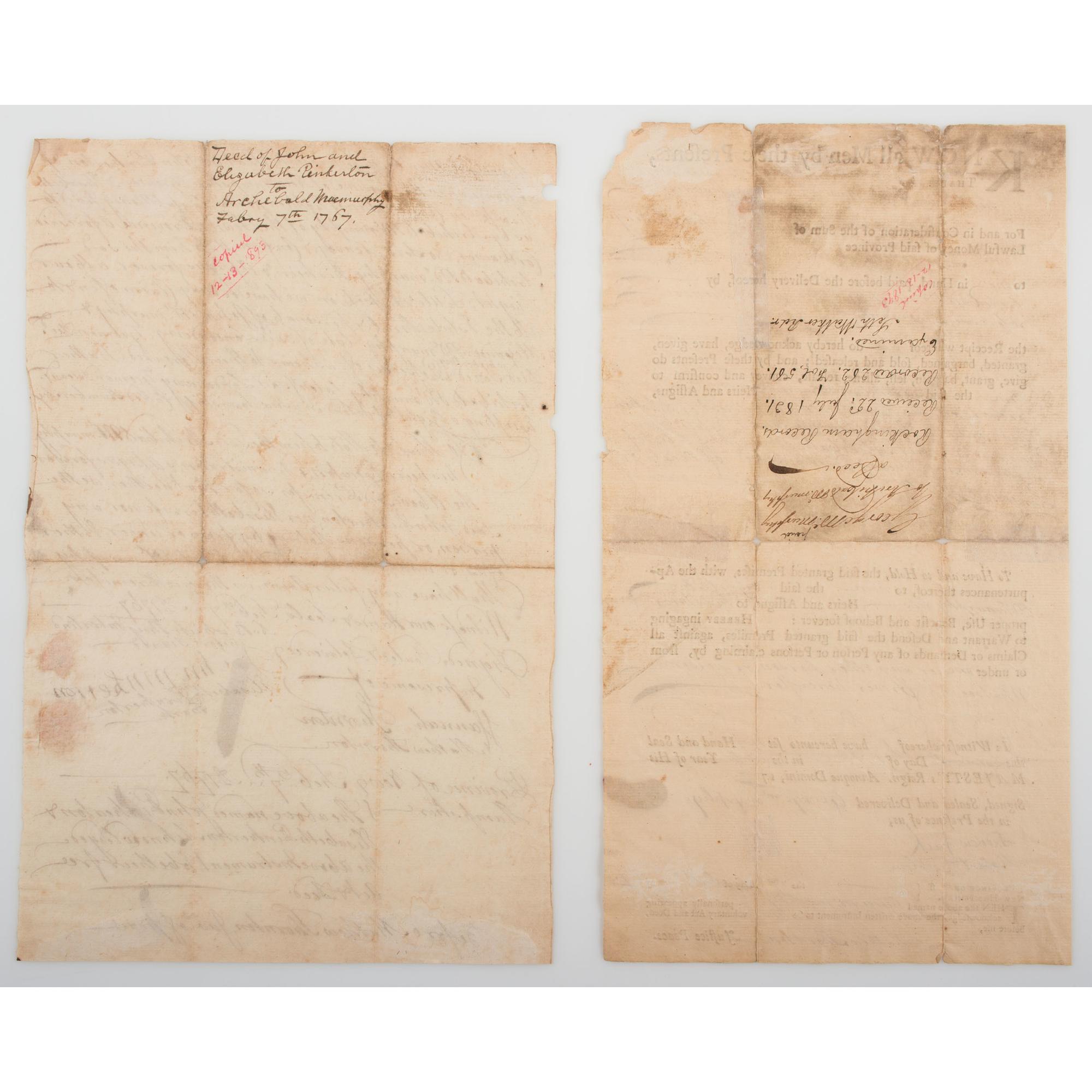 Matthew Thornton, Signer of the Declaration of Independence, Lot of Two Signed Documents Including 1767 ADS and 1769 Partially Printed DS