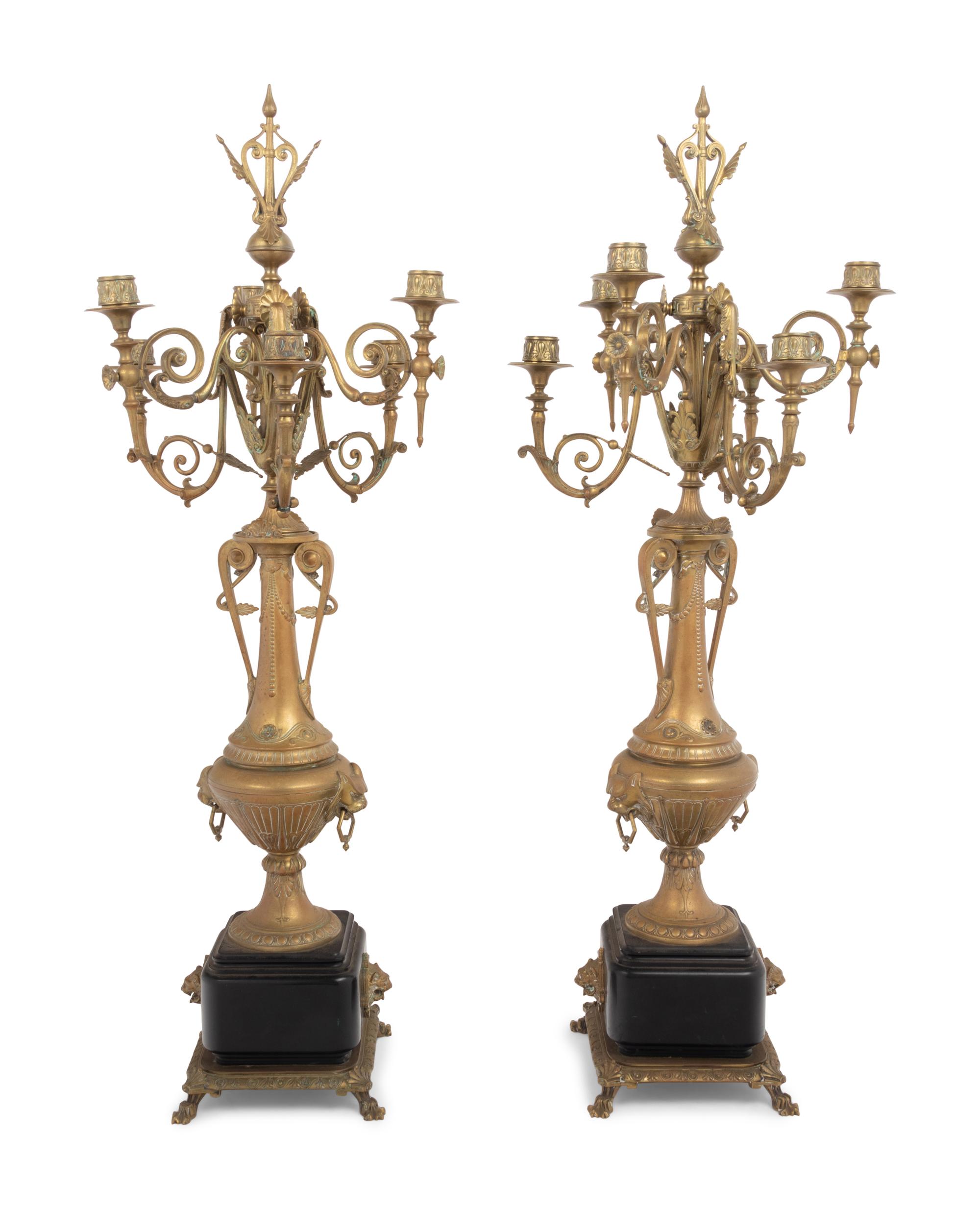 A Pair of French Neoclassical Gilt Metal Six-Light Candelabra