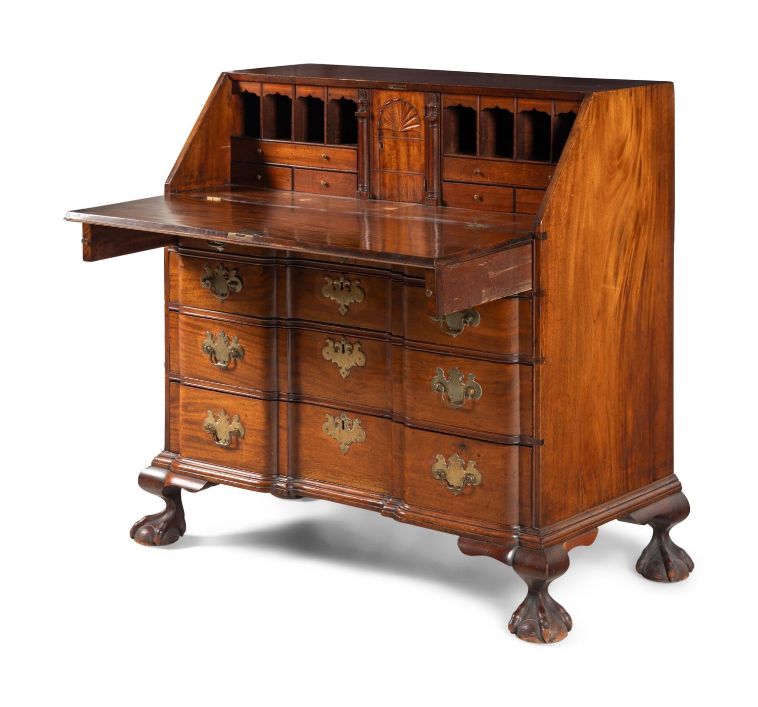 A Chippendale Style Mahogany Block-Front Claw and Ball Foot Slant-Front Desk