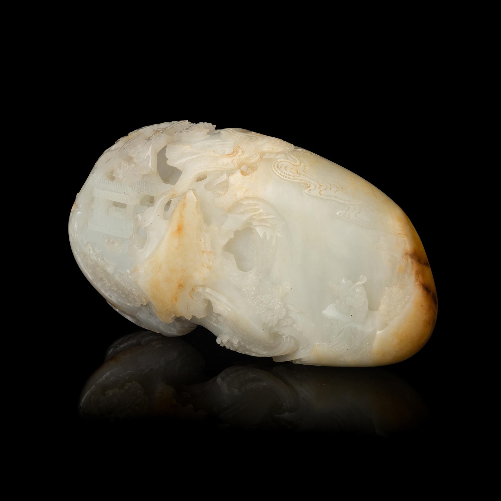 A Chinese White and Russet 'Landscape' Jade Boulder 民國-近代 白玉行旅圖山子