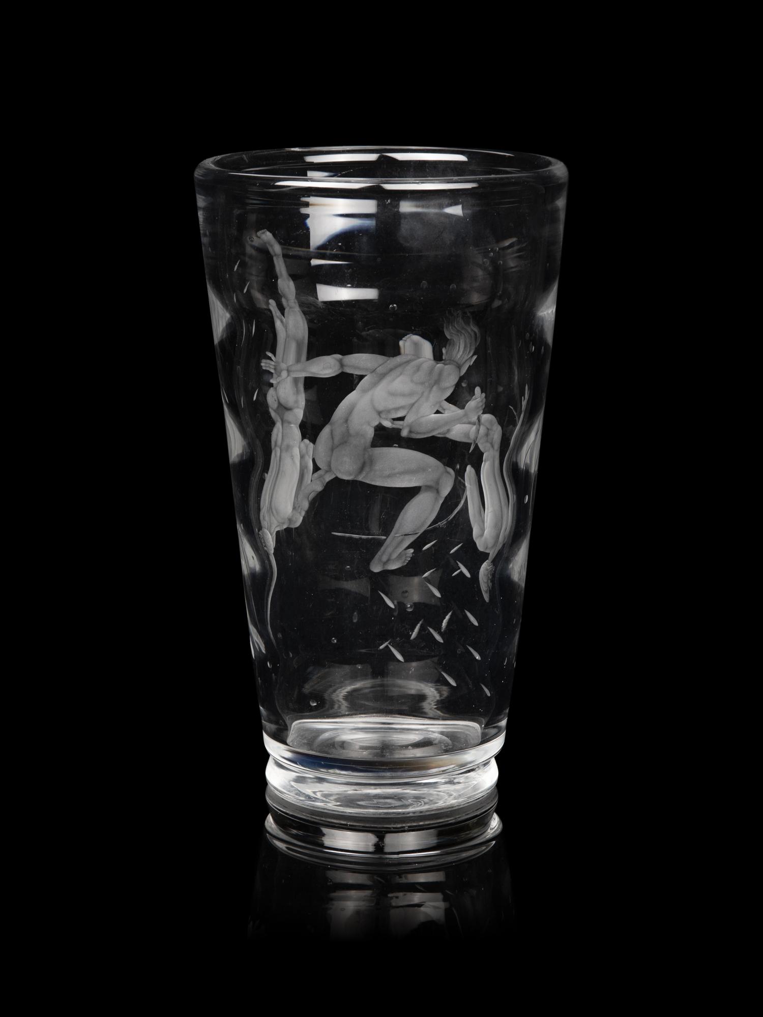 A Vicke Lindstrand for Orrefors Pearl Divers Etched Glass Vase