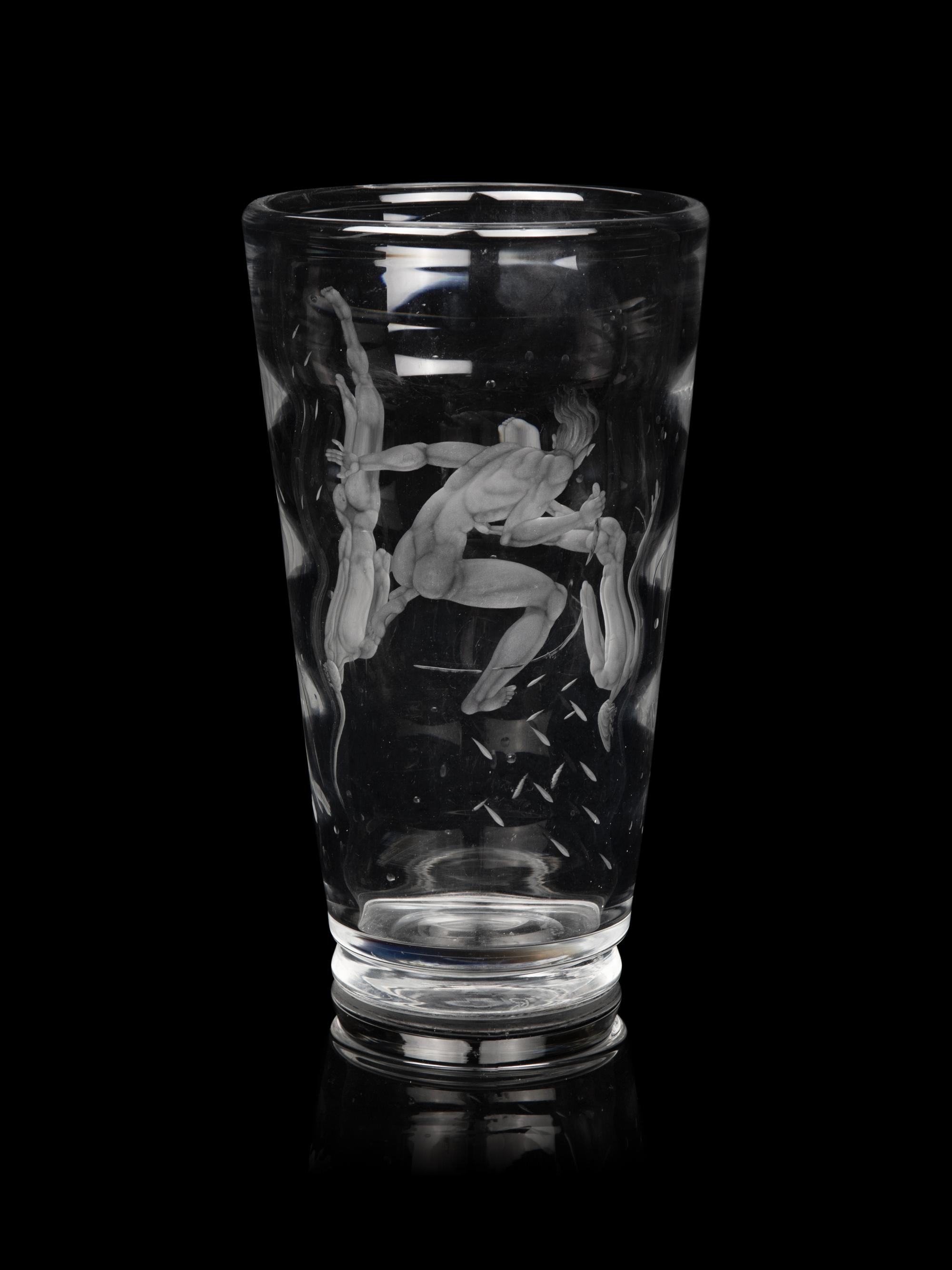 A Vicke Lindstrand for Orrefors Pearl Divers Etched Glass Vase