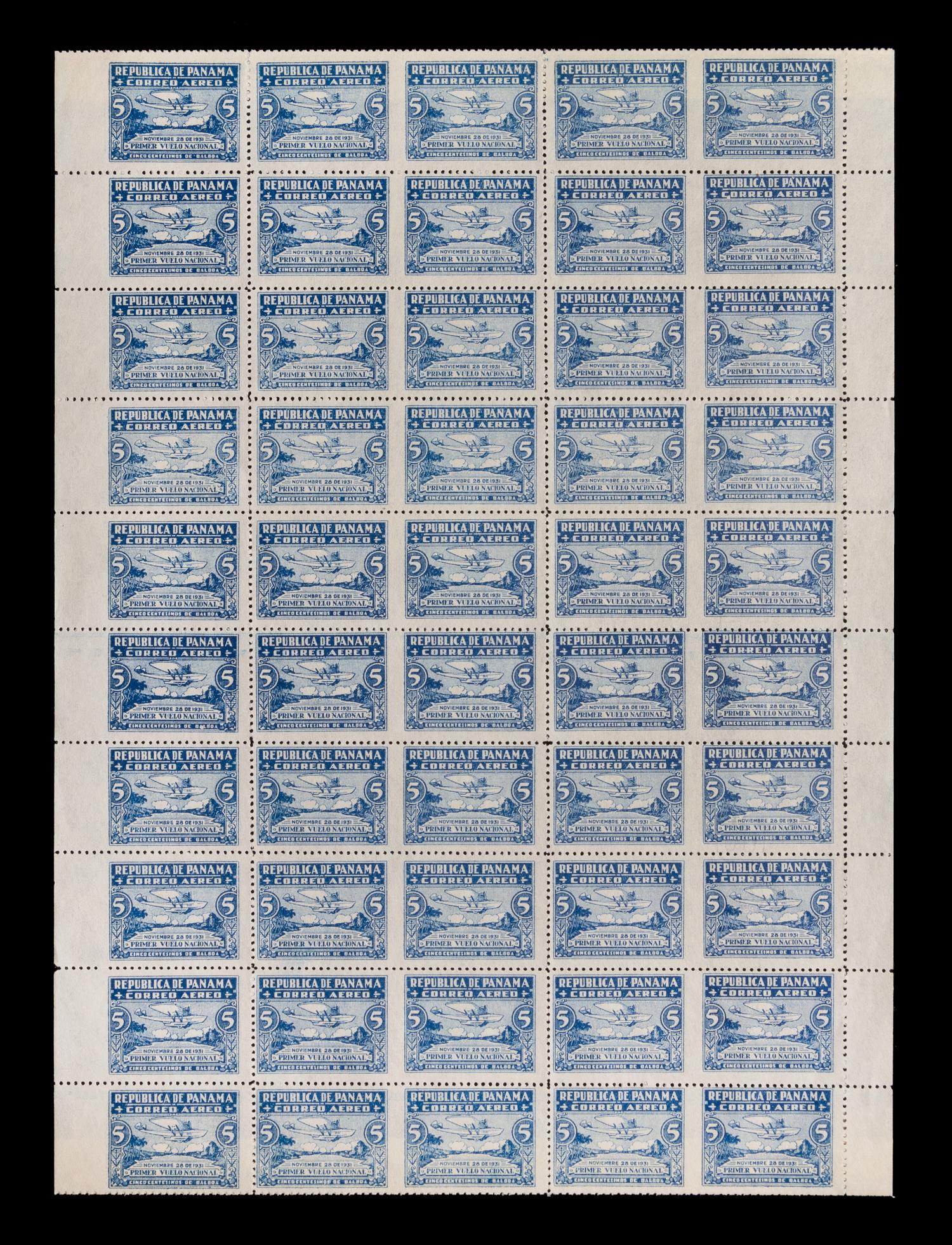 [PERFORATION ERROR] PANAMA. Airmail. 1931. Sheet of 50 Deep Blue Perforation Error 5-Cent Stamps (#C15 & C15b)