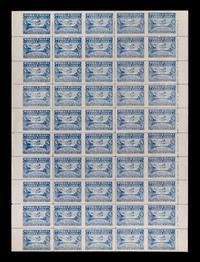 [PERFORATION ERROR] PANAMA. Airmail. 1931. Sheet of 50 Deep Blue Perforation Error 5-Cent Stamps (#C15 & C15b)