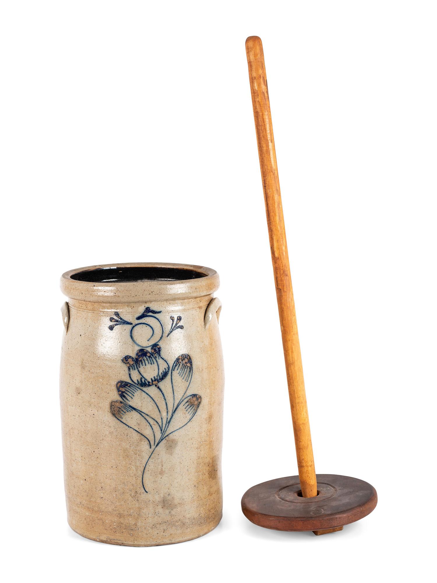 A New York Cobalt-Decorated Five-Gallon Stoneware Churn